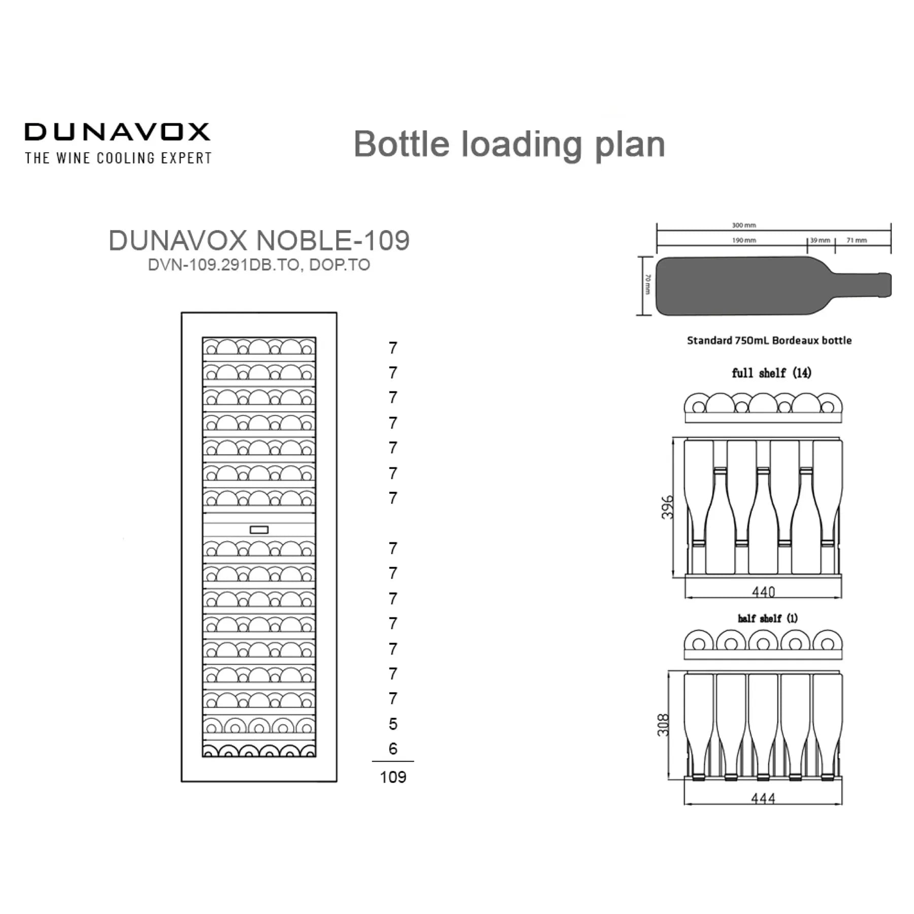 Beladungsplan des Dunavox Noble-109 Weinkühlschranks mit Regalschema und Fassungsvermögen von 109 Standardflaschen (750 ml)