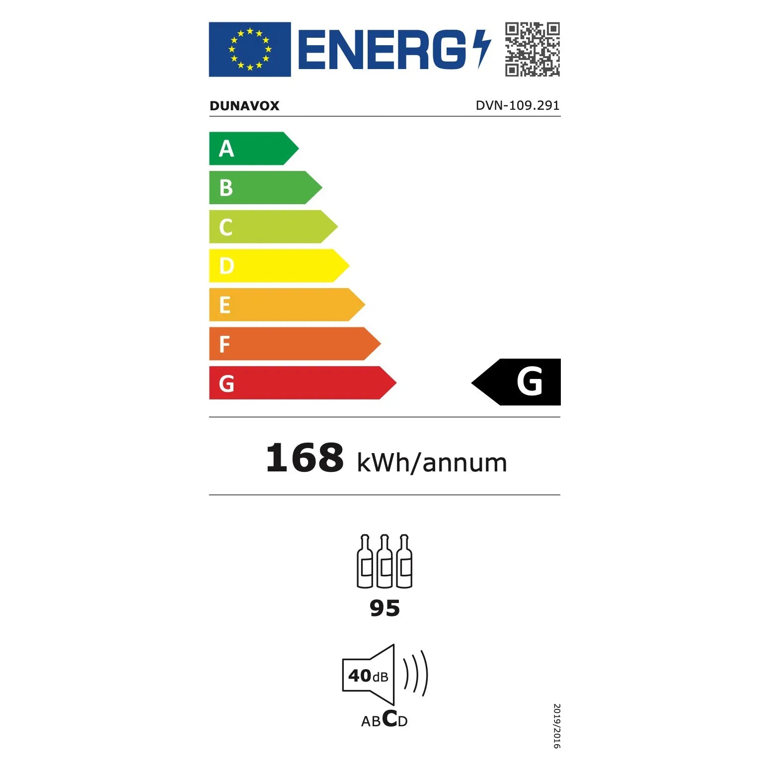 EU-Energieetikett des Dunavox Noble-109 Weinkühlschranks: Energieklasse G, 168 kWh/Jahr, 95 Flaschen, 40 dB Geräuschpegel