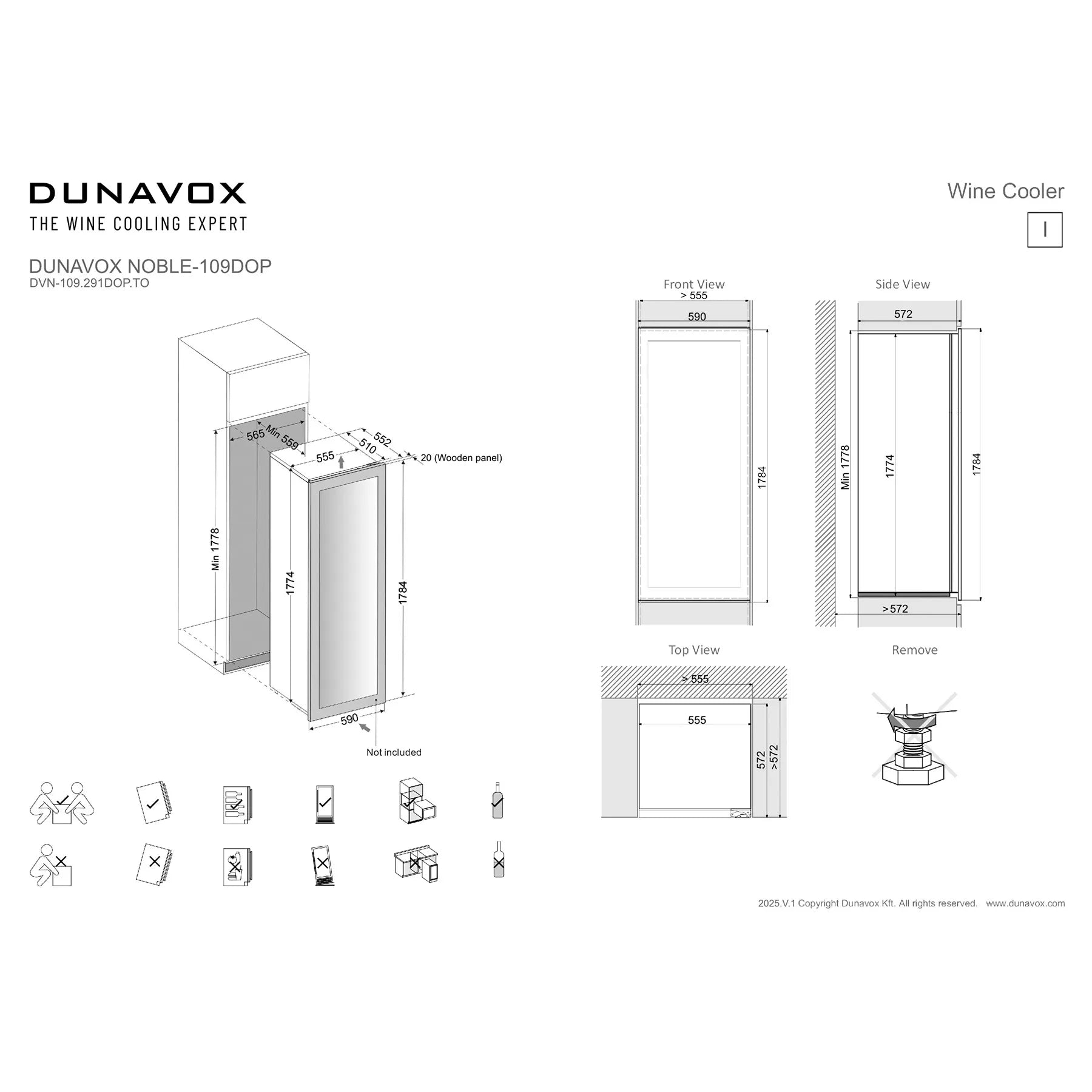 Maßzeichnung Dunavox Noble-109 Panel Ready mit Vorder- und Seitenansicht sowie Einbaumaßen für vollintegrierten Einbau