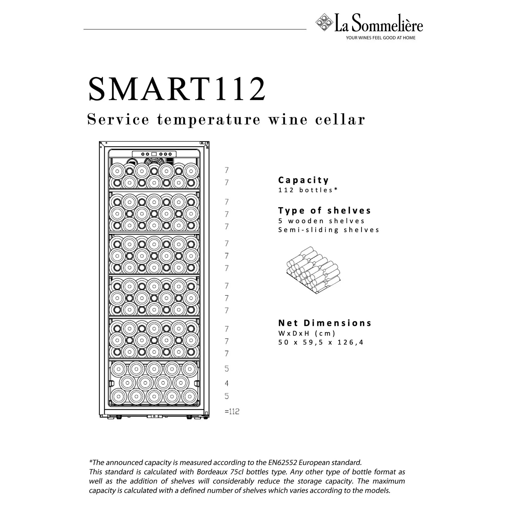 Beladungsschema Weinkühlschrank La Sommelière SMART112 mit 112 Flaschen auf 5 Holzböden und Maßen 50 x 59,5 x 126,4 cm