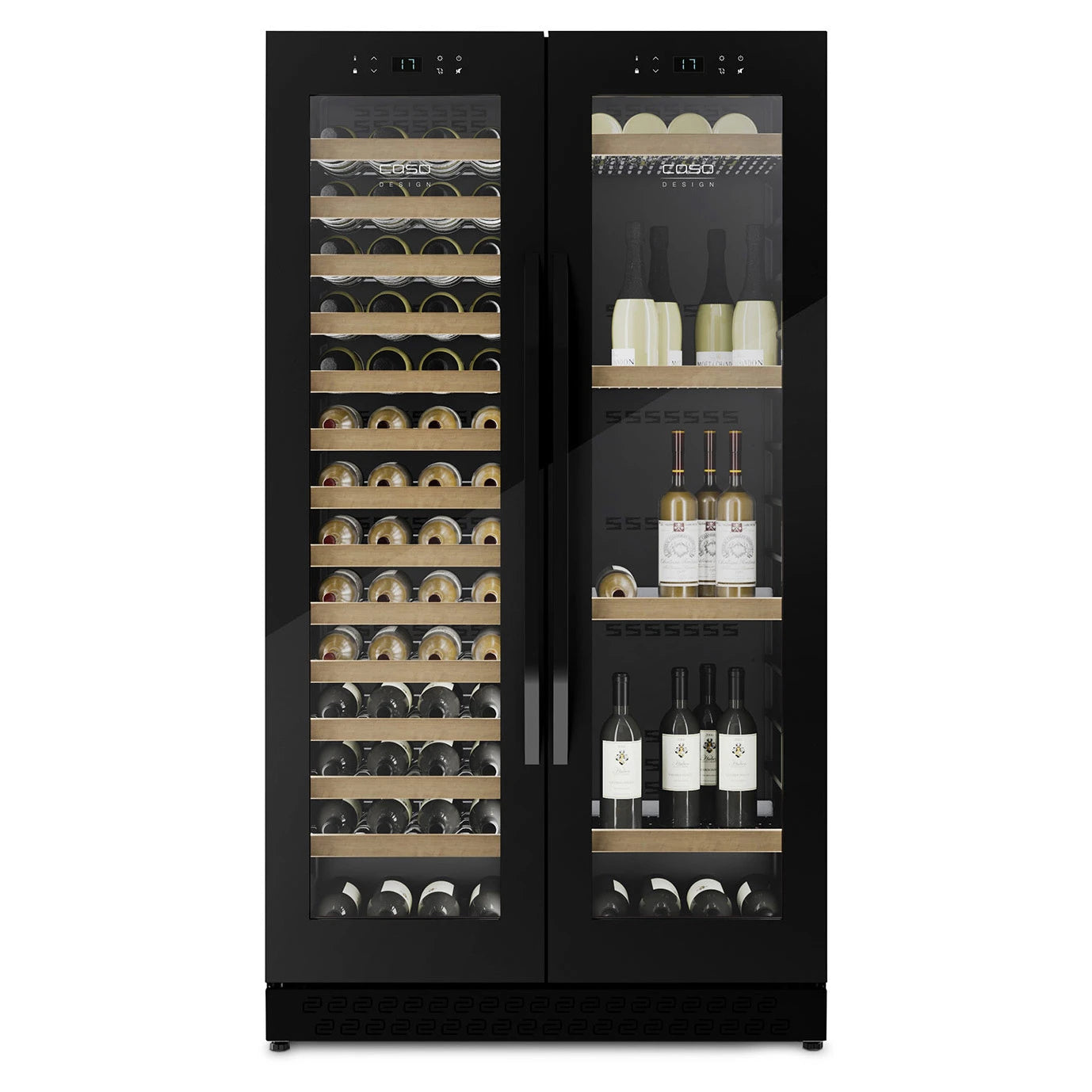 Freistehender Weinkühlschrank CASO Design WineChef Duo 122 Black Frontansicht mit Flaschen