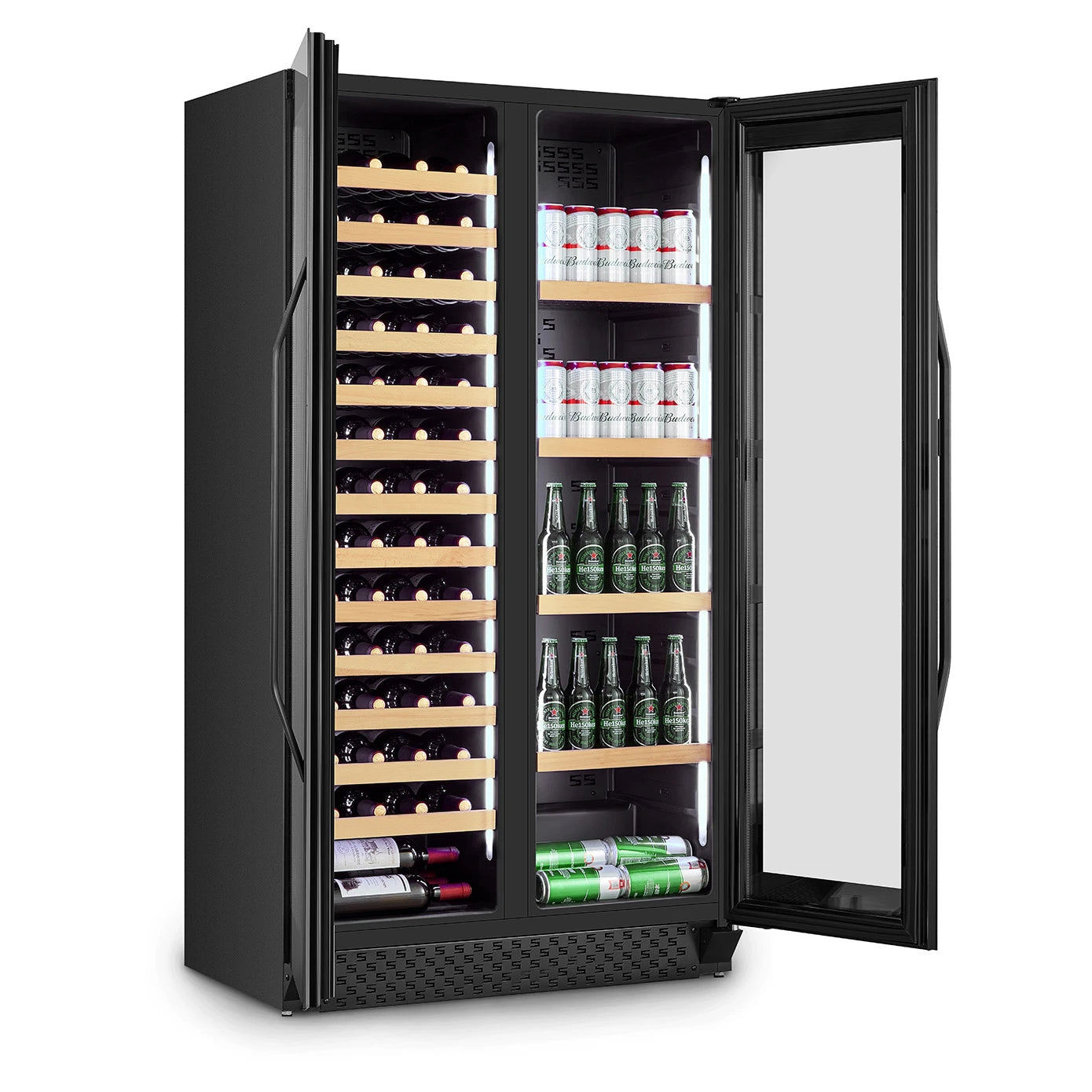 Freistehender Weinkühlschrank CASO Design WineChef Duo 122 Black mit geöffneten Türen und gefüllten Lagerböden