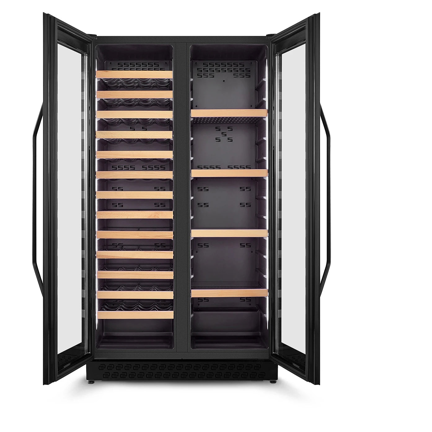 Freistehender Weinkühlschrank CASO Design WineChef Duo 122 Black mit geöffneten Türen
