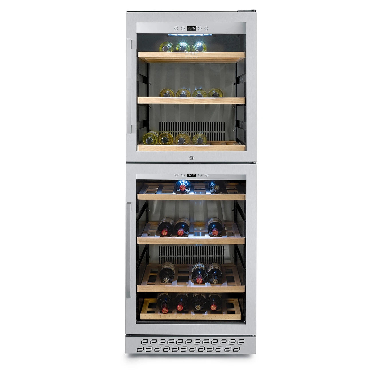 Freistehender Weinkühlschrank CASO Design WineChef Pro 126-2D Frontansicht mit Flaschen