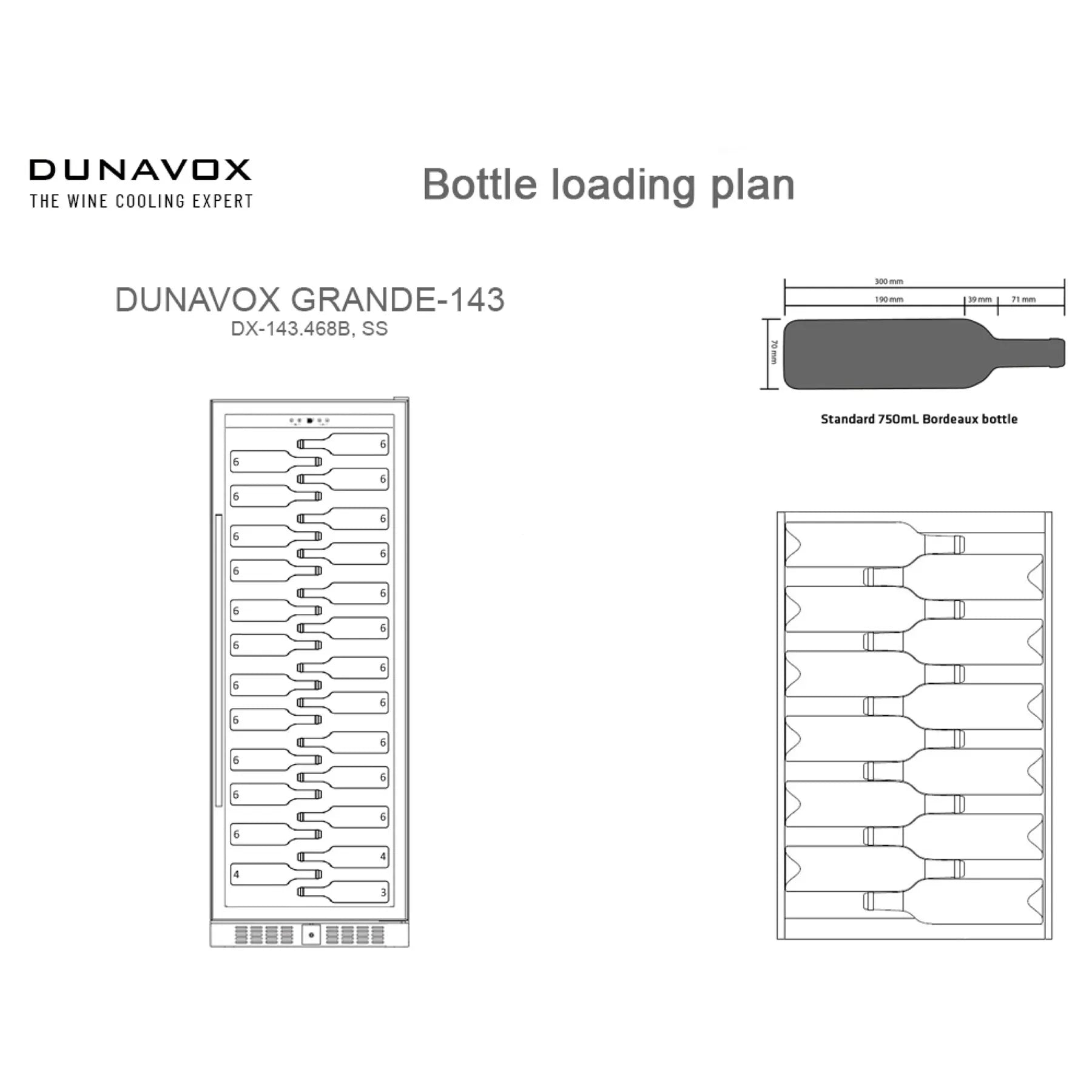 Technischer Beladungsplan des Dunavox Sera-143 Weinkühlschranks mit Regalschema und Fassungsvermögen für 143 Flaschen