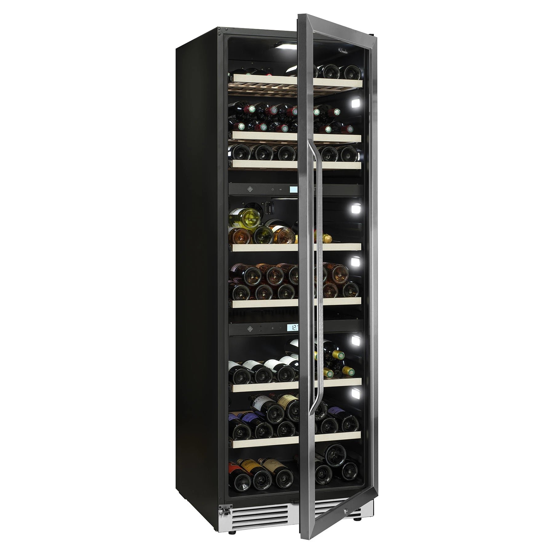 Einbau-Weinkühlschrank La Sommelière MT145TZ mit geöffneter Tür, Blick auf die leeren Buchenholzböden und die beiden Bedienfelder