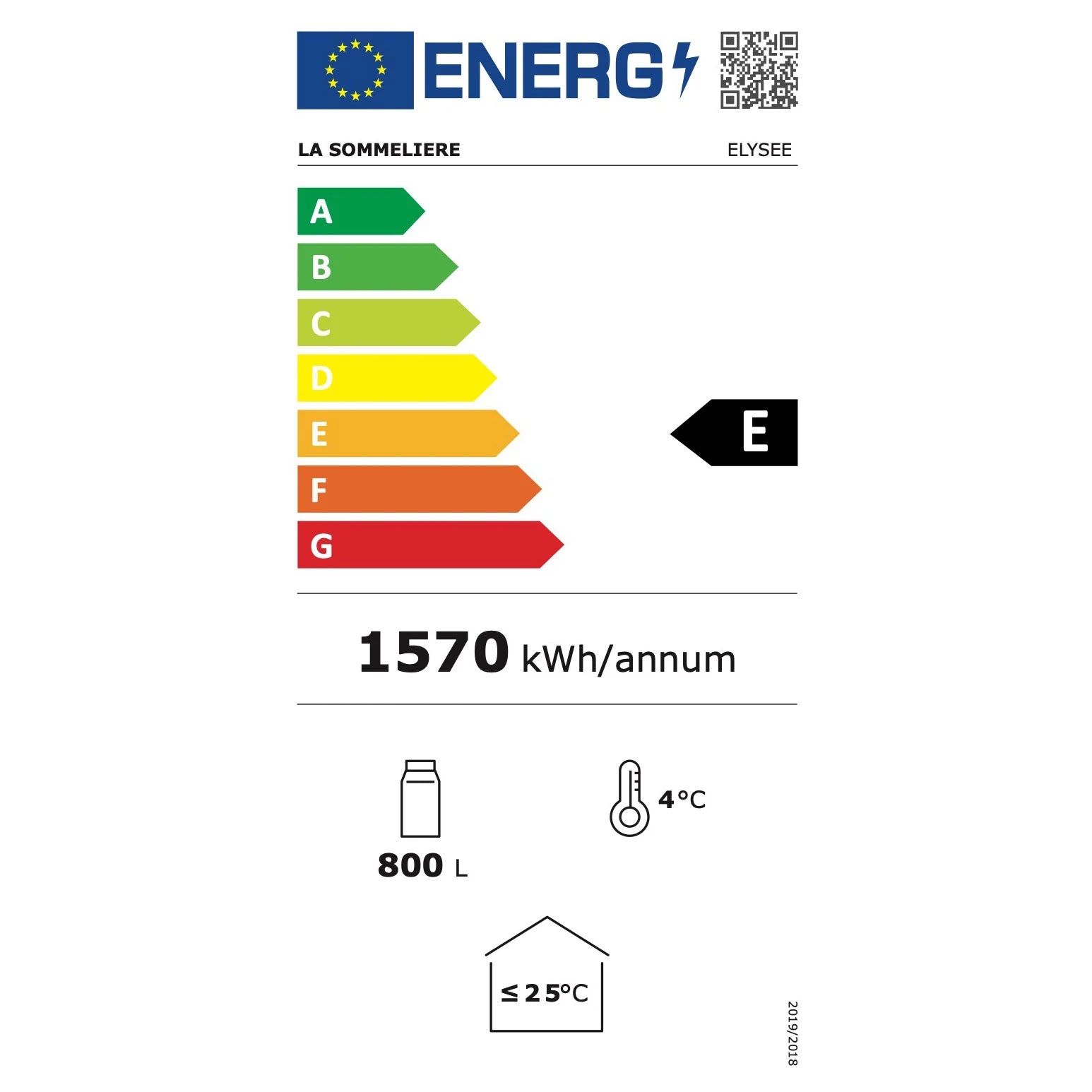 Energielabel Weinkühlschrank La Sommelière ELYSEE, Energieeffizienzklasse E, 1.570 kWh im Jahr, 50 dB