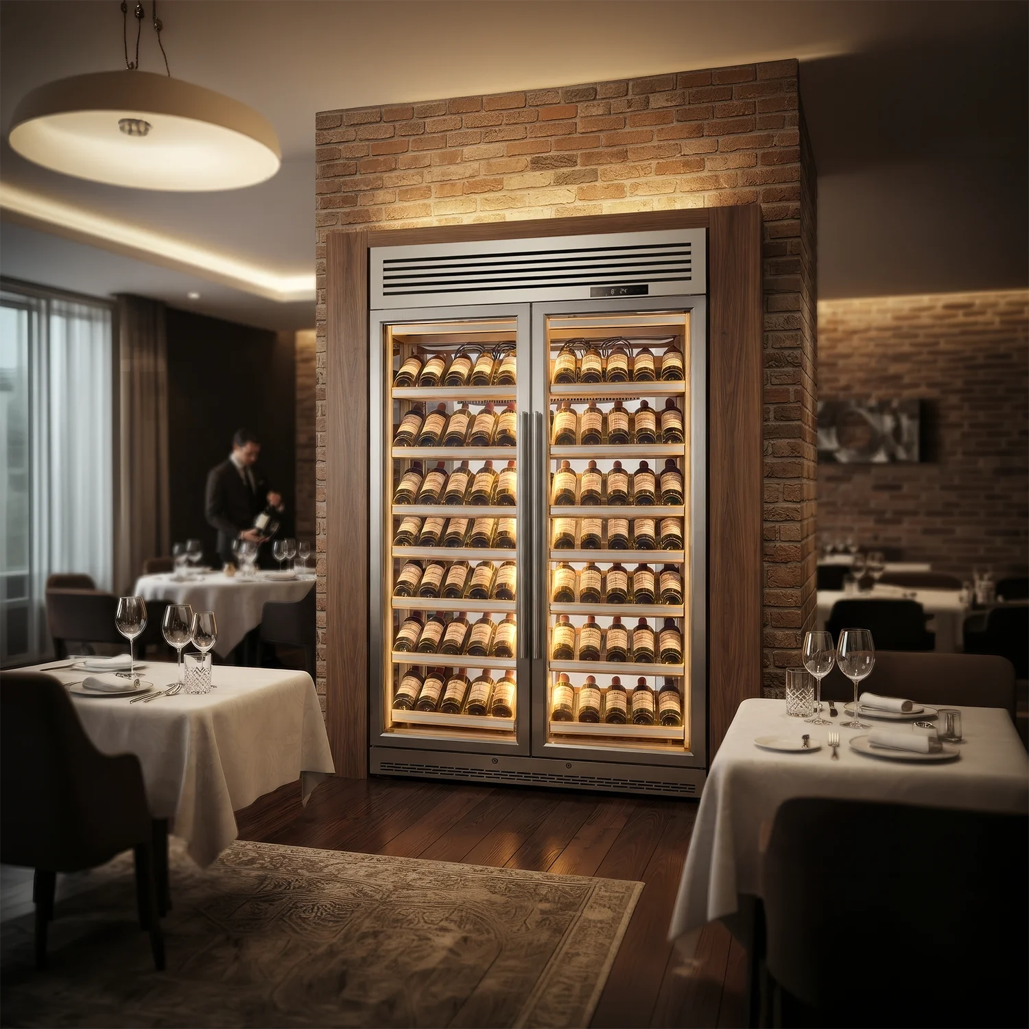 Professioneller Weinkühlschrank La Sommelière ELYSEE in einem Restaurant, in eine Ziegelwand eingebaut, mit gedeckten Tischen