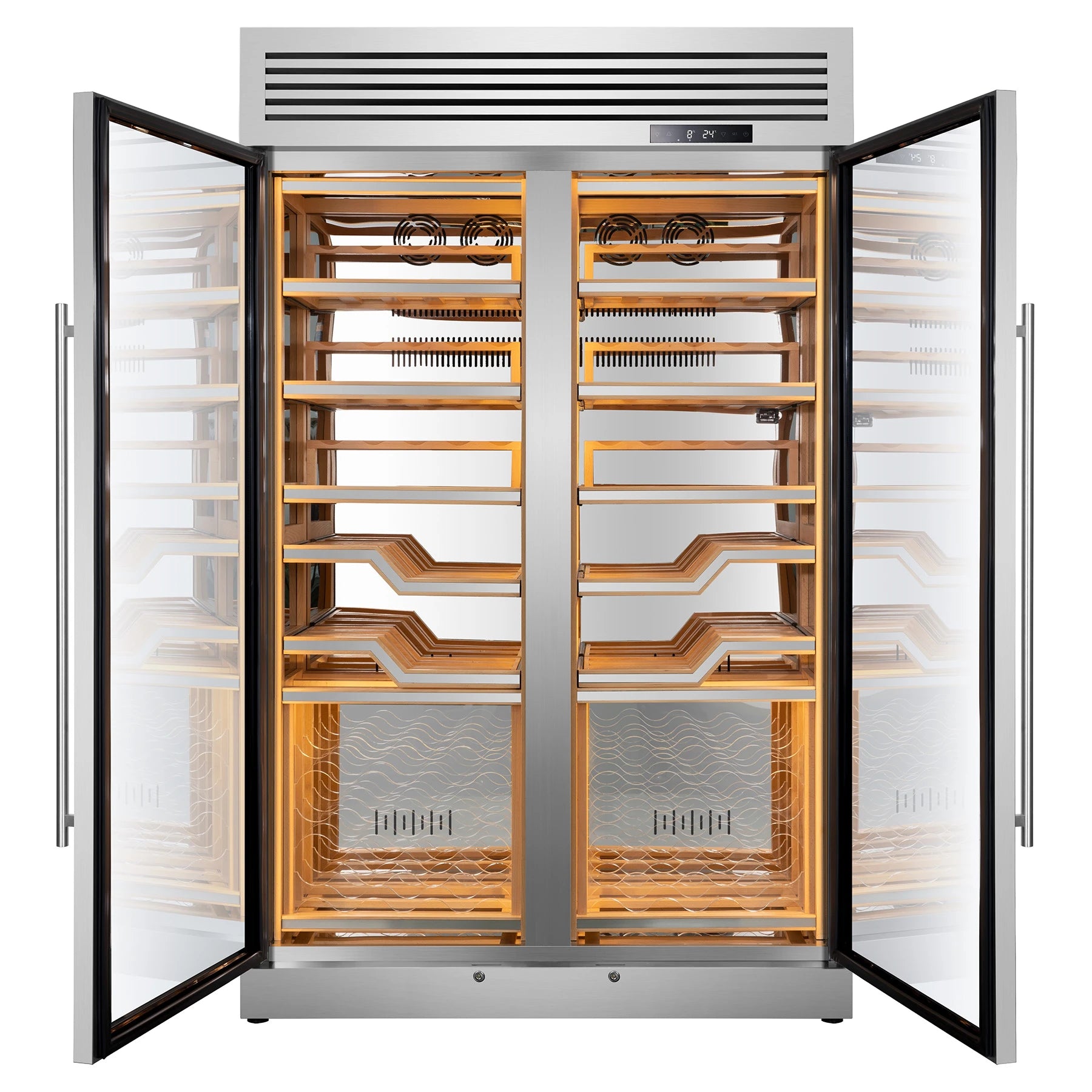 Professioneller Weinkühlschrank La Sommelière ELYSEE mit beiden geöffneten Türen und Blick auf den modularen Innenraum aus Holz