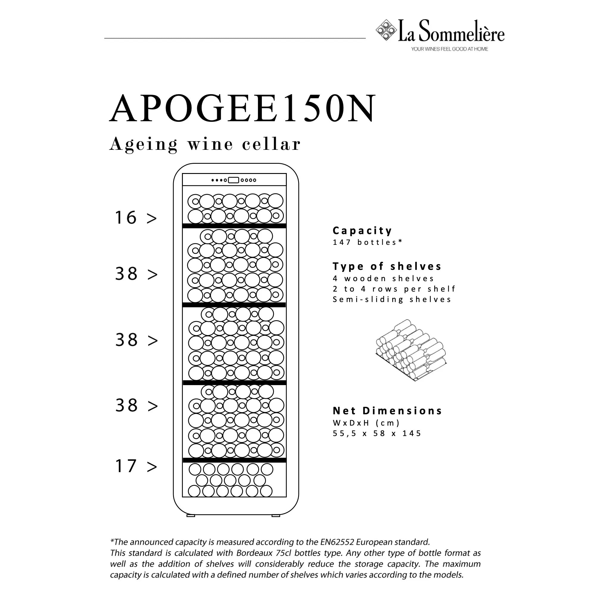 Technische Darstellung des Weinkühlers La Sommelière APOGEE150N mit Flaschenverteilung: 16 oben, je 38 in drei mittleren Ebenen und 17 unten; Gesamtfassungsvermögen: 147 Flaschen; halb herausziehbare Holzregale.