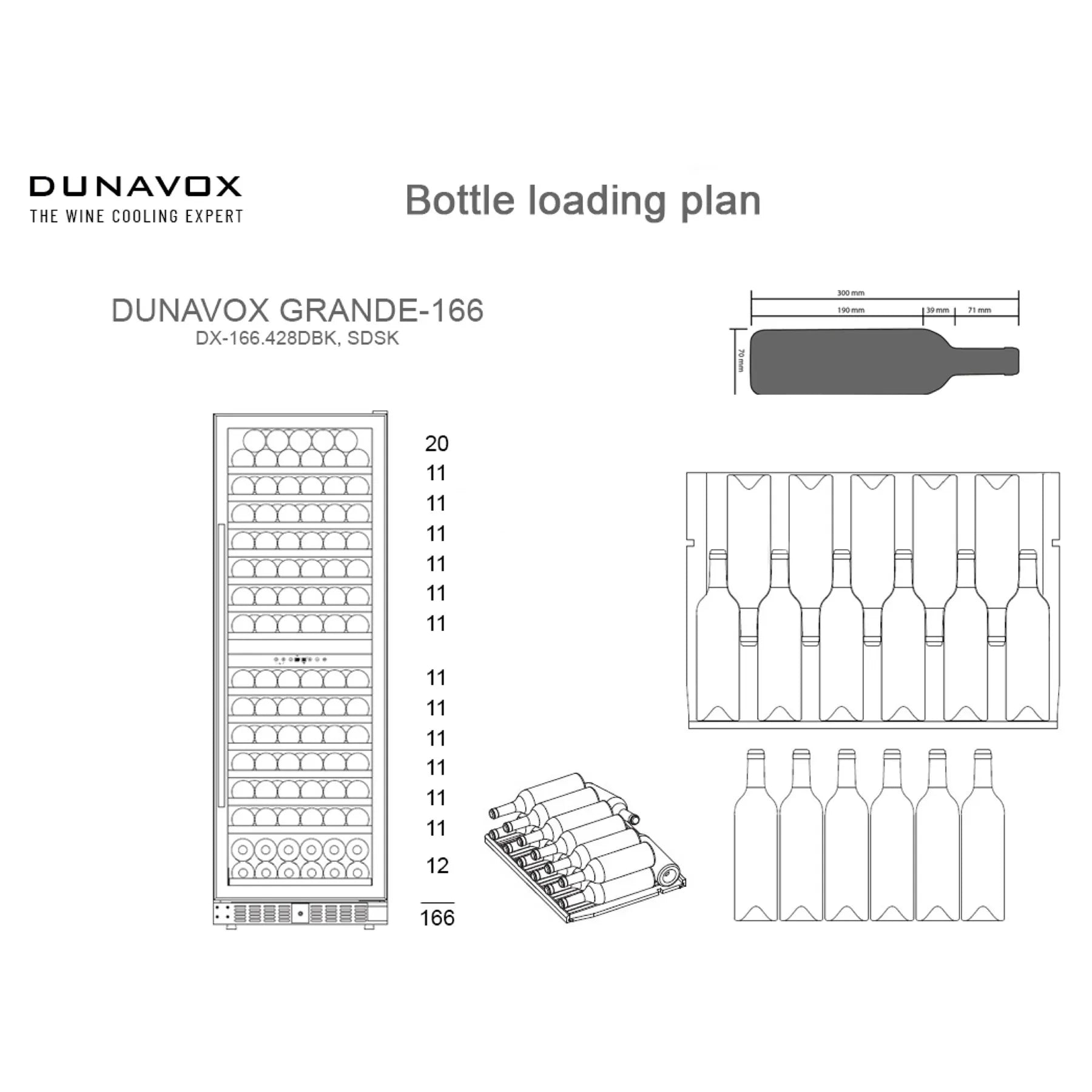 Dunavox Grande-166 Beladungsplan mit Regalkapazitäten je Etage und Flaschengrößendiagramm, Gesamtkapazität 166 Flaschen