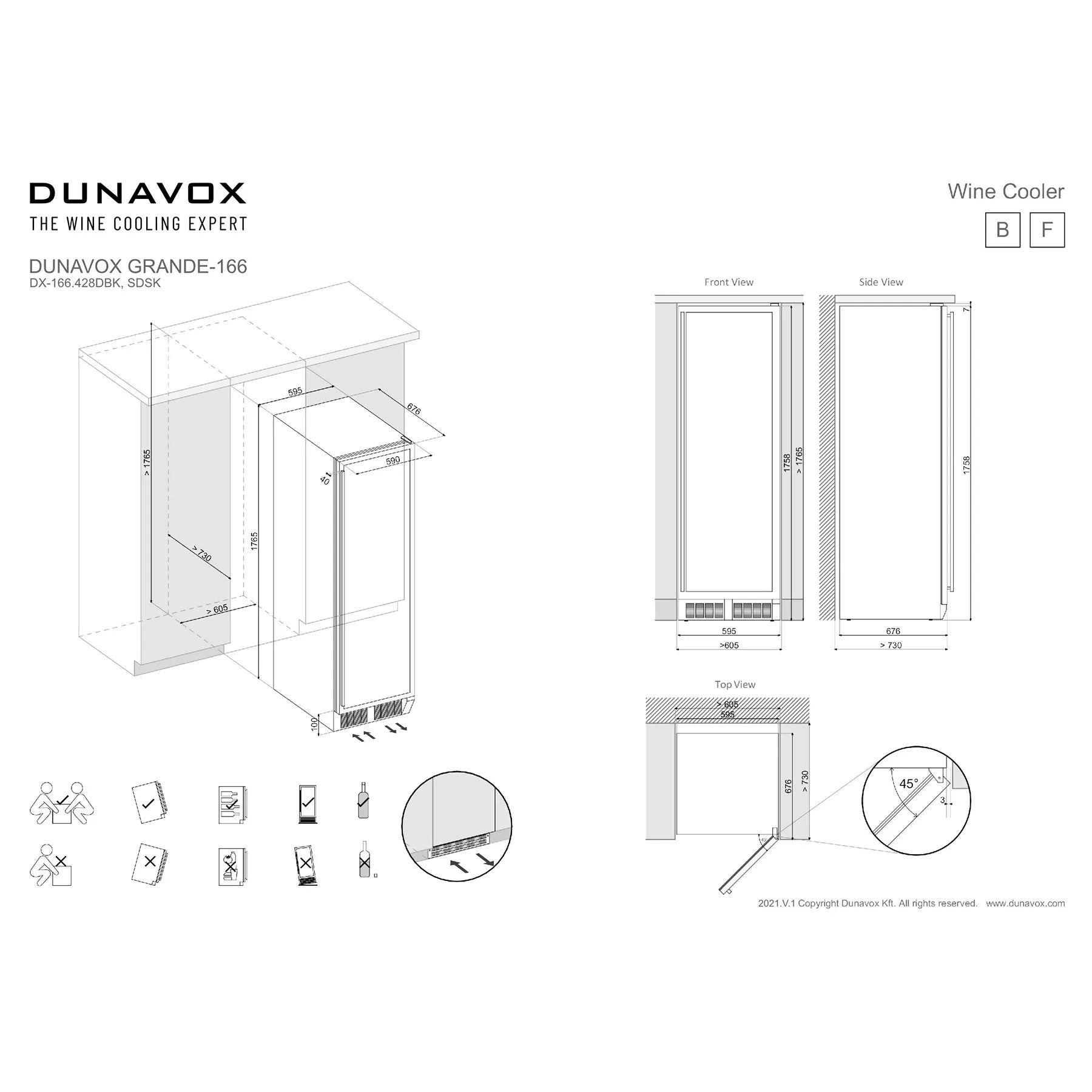 Dunavox Grande-166 Einbau-Maßzeichnung mit Frontansicht, Seitenansicht und Draufsicht sowie Installationszubehör