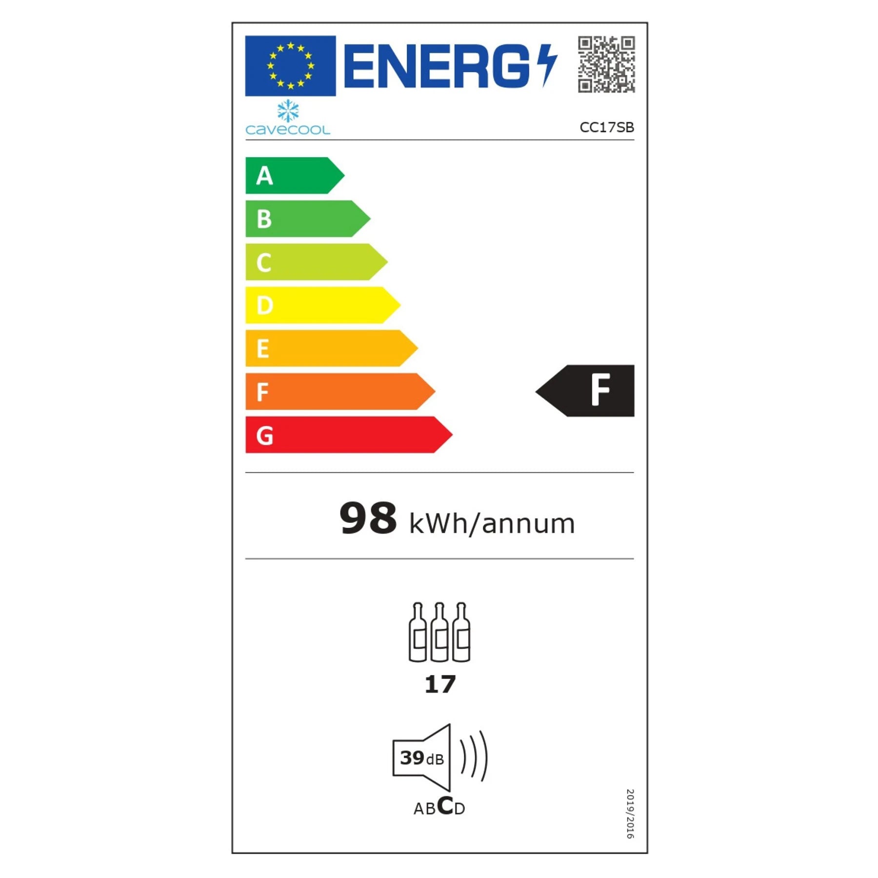 Energielabel freistehender Weinkühlschrank Cavecool Joy Opalite CC17SB, Energieeffizienzklasse F