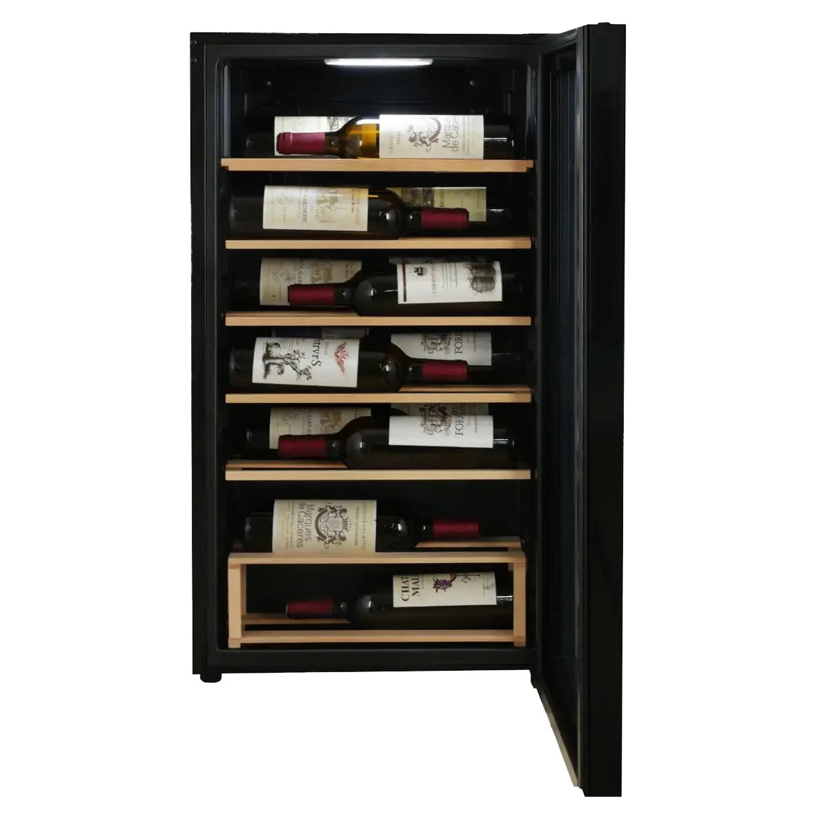 Freistehender Weinkühlschrank Cavecool Joy Opalite CC17SB mit geöffneter Tür und Flaschen in Label-View-Position