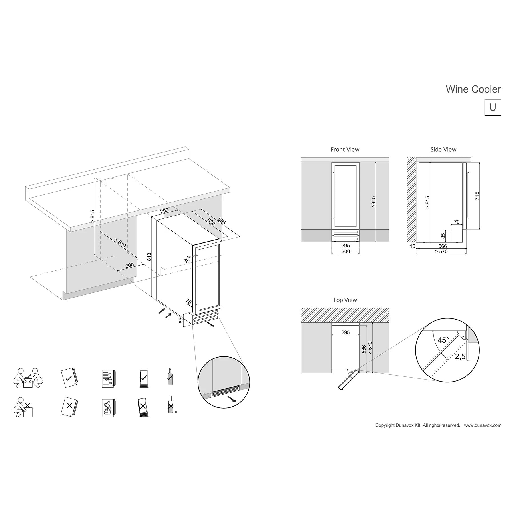Maßzeichnung Dunavox Flow-17 Unterbau-Weinkühlschrank mit Installationsanleitung, Front-, Seiten- und Draufsicht