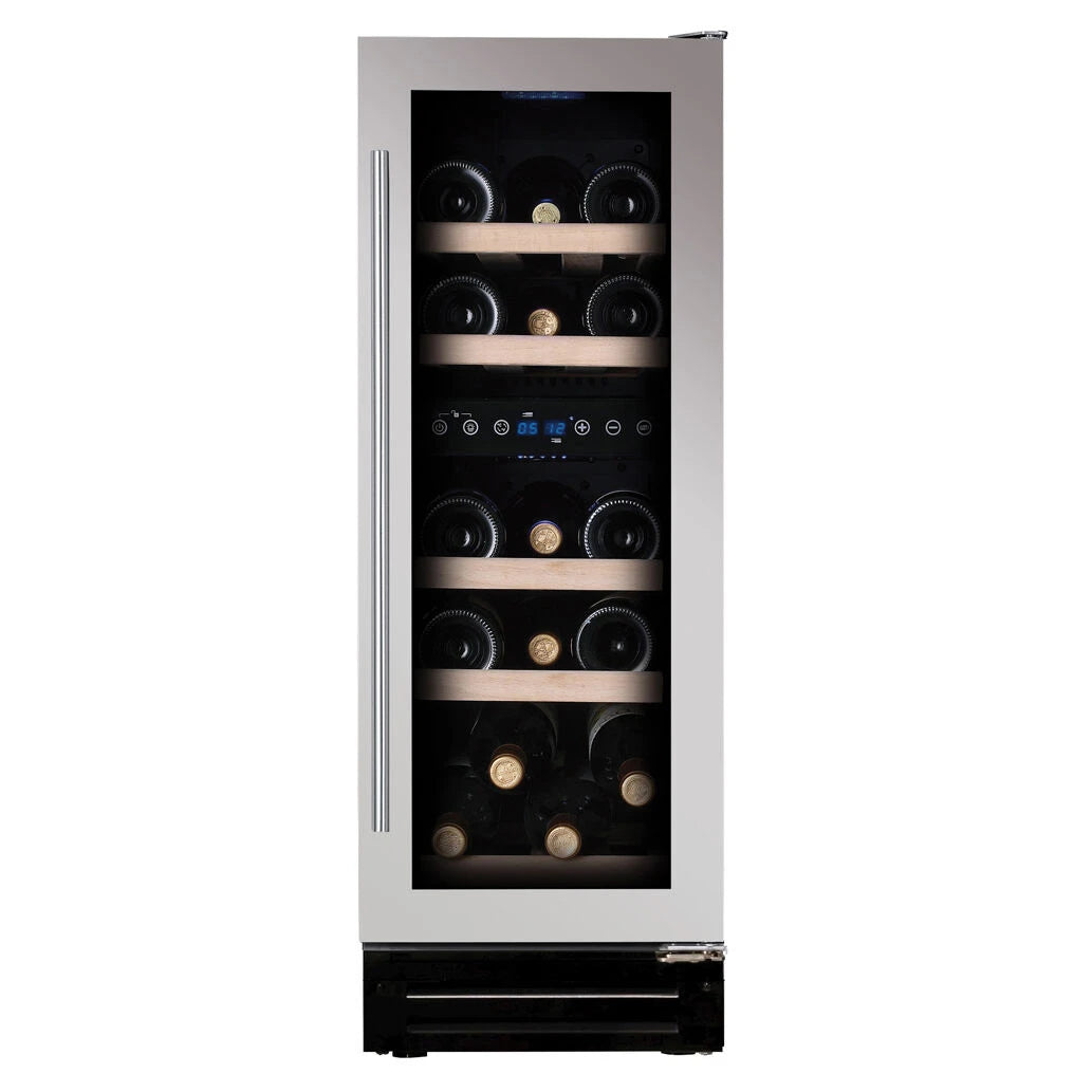 Dunavox Flow-17 Stainless Unterbau-Weinkühlschrank mit Edelstahlrahmen, Glastür, zwei Temperaturzonen und Holzregalen