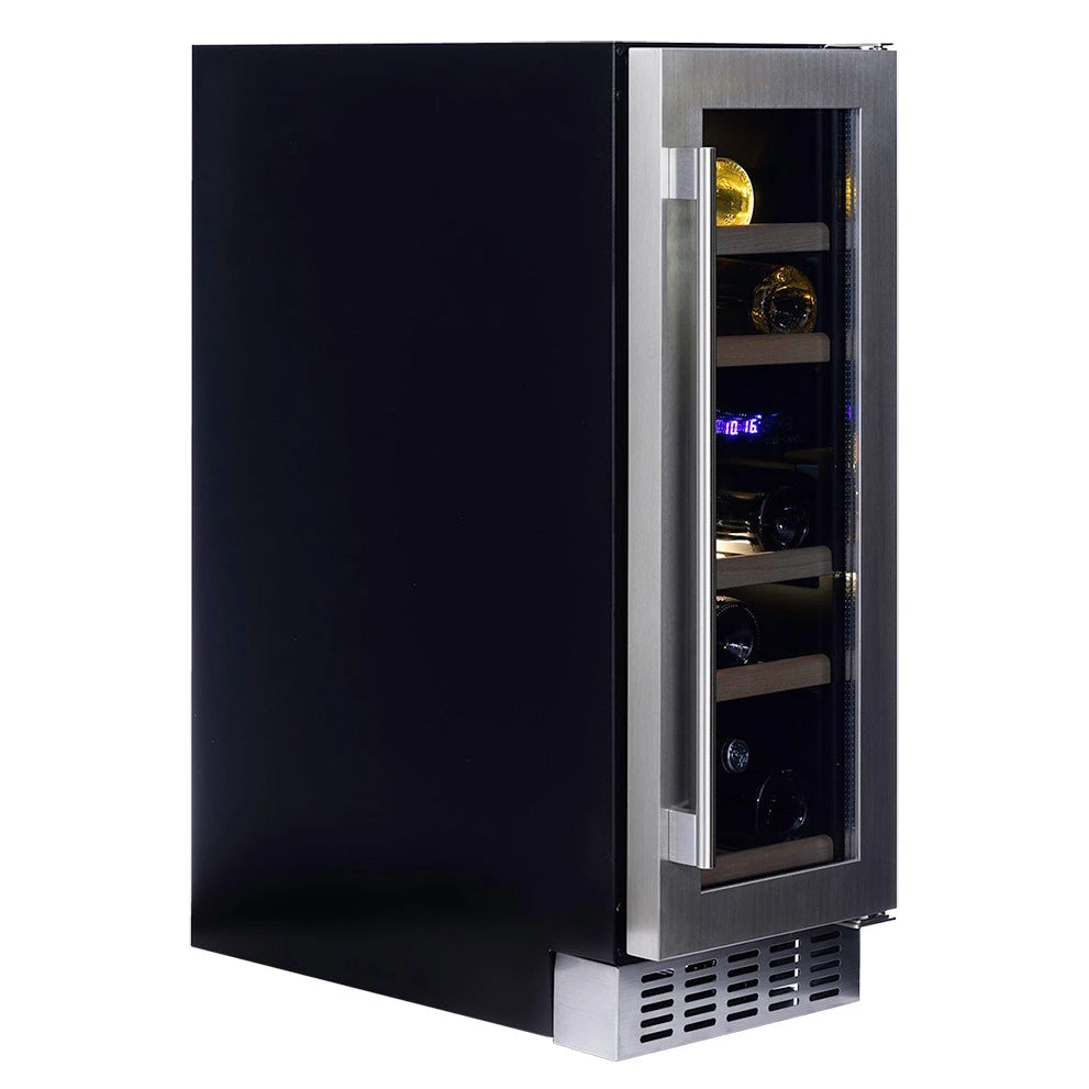 Dunavox Flow-17 Stainless Weinkühlschrank von der Seite, schwarzes Gehäuse mit Edelstahlrahmen und sichtbarem LED-Display