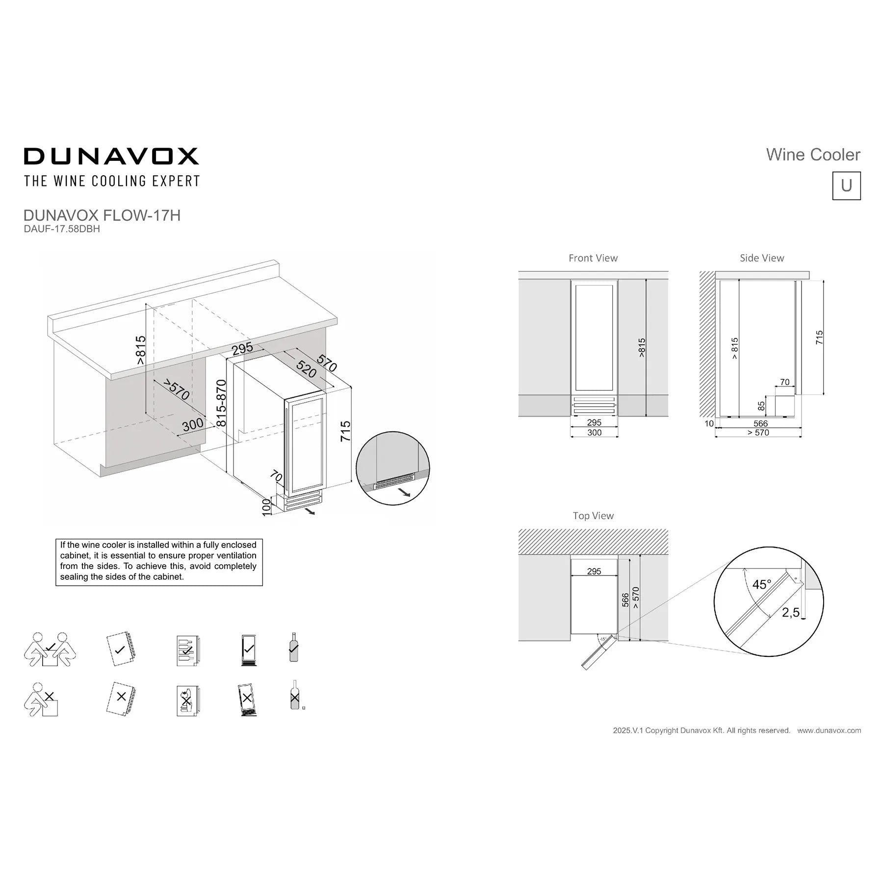 Einbauzeichnung Dunavox Flow-17H DAUF-17.58DB für Unterbau-Montage mit Maßangaben in Front-, Seiten- und Draufsicht