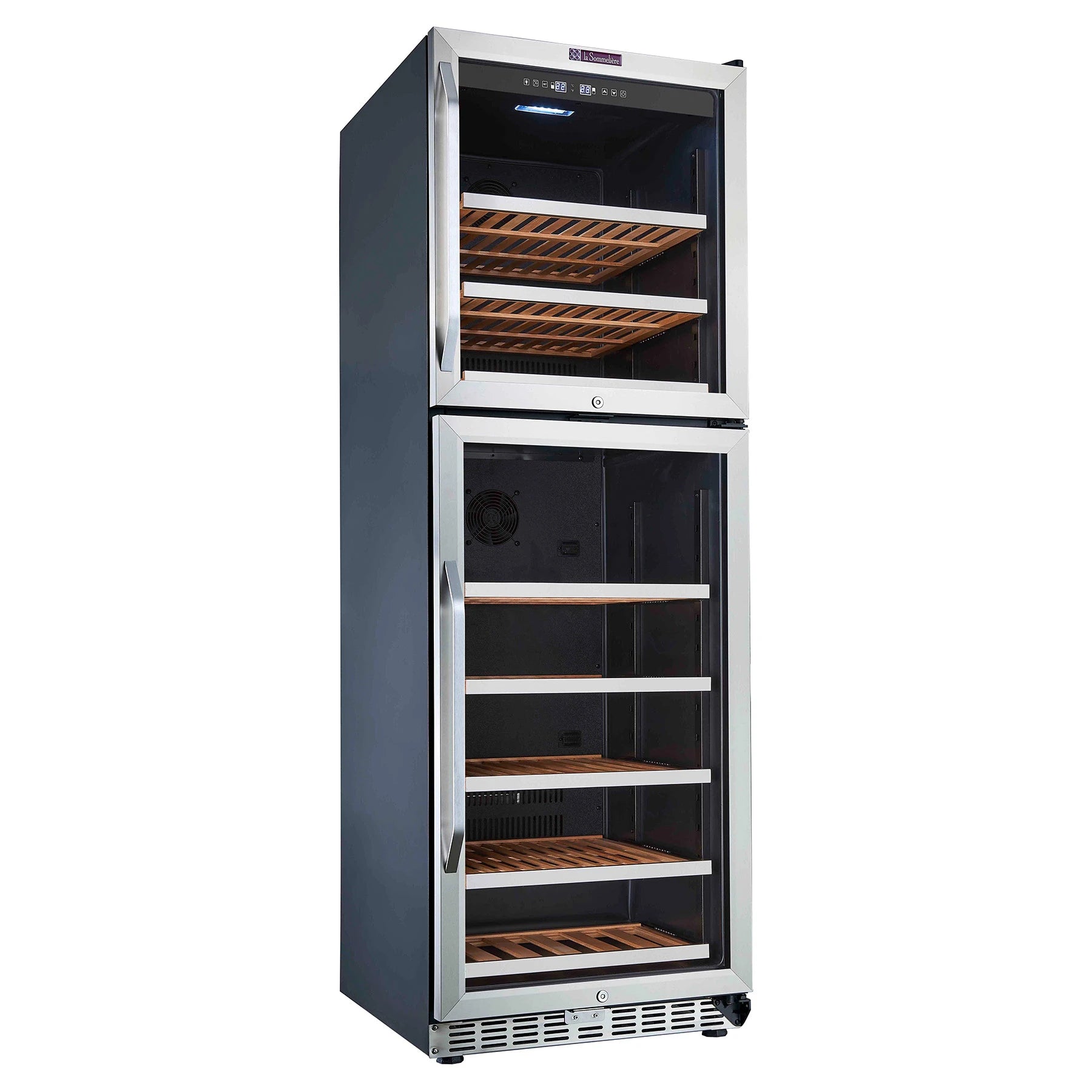 Einbau-Weinkühlschrank La Sommelière MT166DP mit geöffneten Türen, Blick auf die Buchenholzböden beider Temperaturzonen
