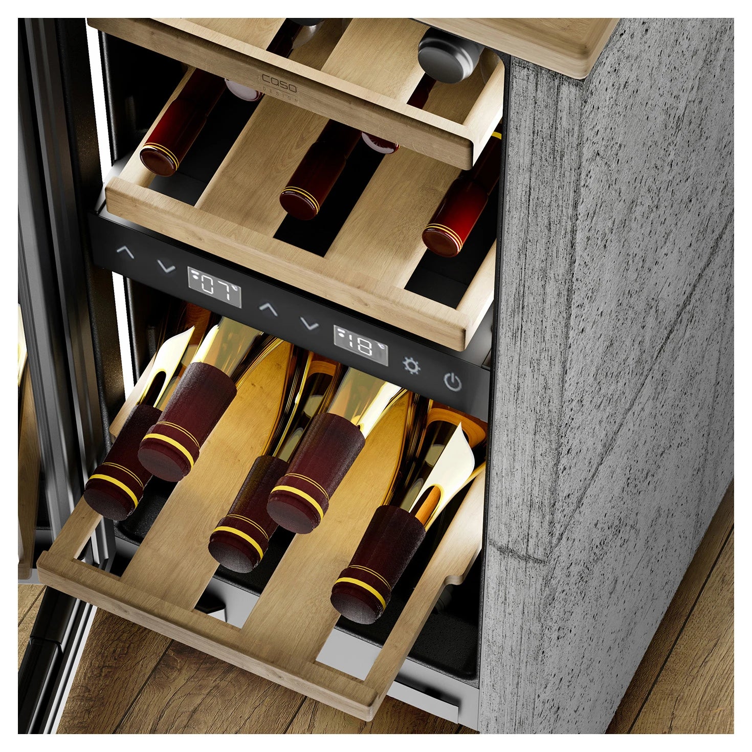 Unterbau-Weinkühlschrank CASO Design WineDeluxe WDU 18 Detailansicht des ausziehbaren Lagerbodens