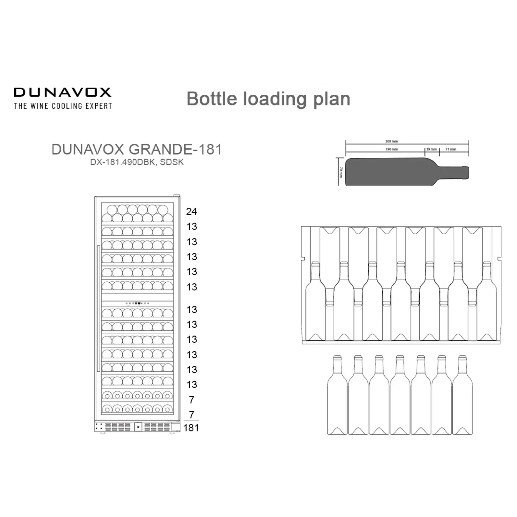 Dunavox Grande-181 Flaschenbestückungsplan mit Regalkapazitäten, technische Zeichnung, Gesamtkapazität 181 Flaschen