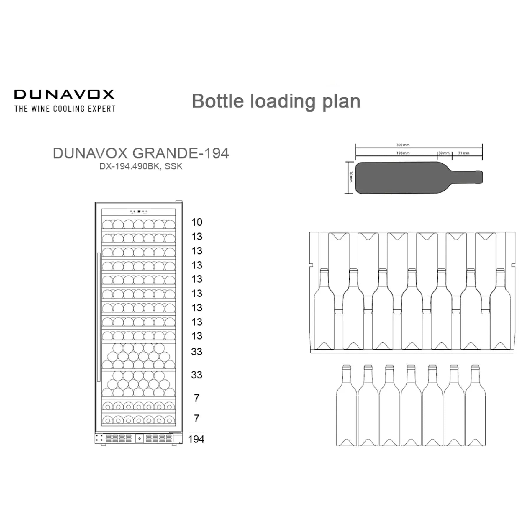 Dunavox Grande-194 Flaschenbestückungsplan mit Regalkapazitäten, technische Zeichnung, Gesamtkapazität 194 Flaschen