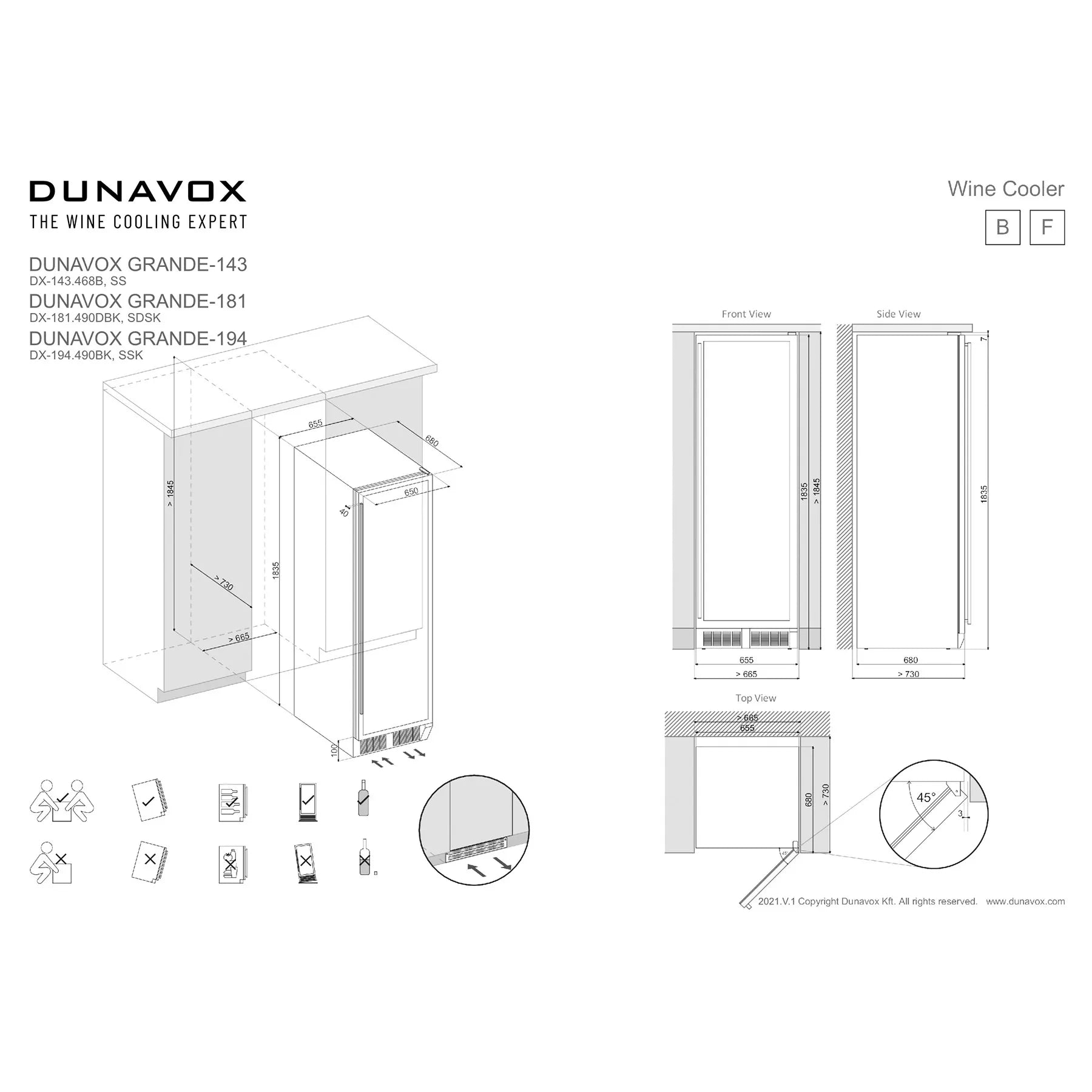 Dunavox Grande-194 Einbaumaßzeichnung mit Abmessungen und Installationshinweisen für vollintegrierten Einbau-Weinkühlschrank
