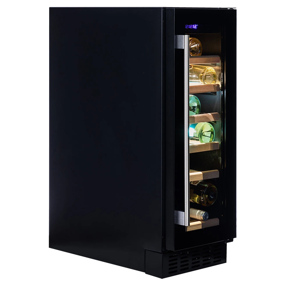 Dunavox Flow-19 Black Unterbau-Weinkühlschrank mit geöffneter Glastür, Holzregale vollbestückt mit Weiß- und Rotweinen