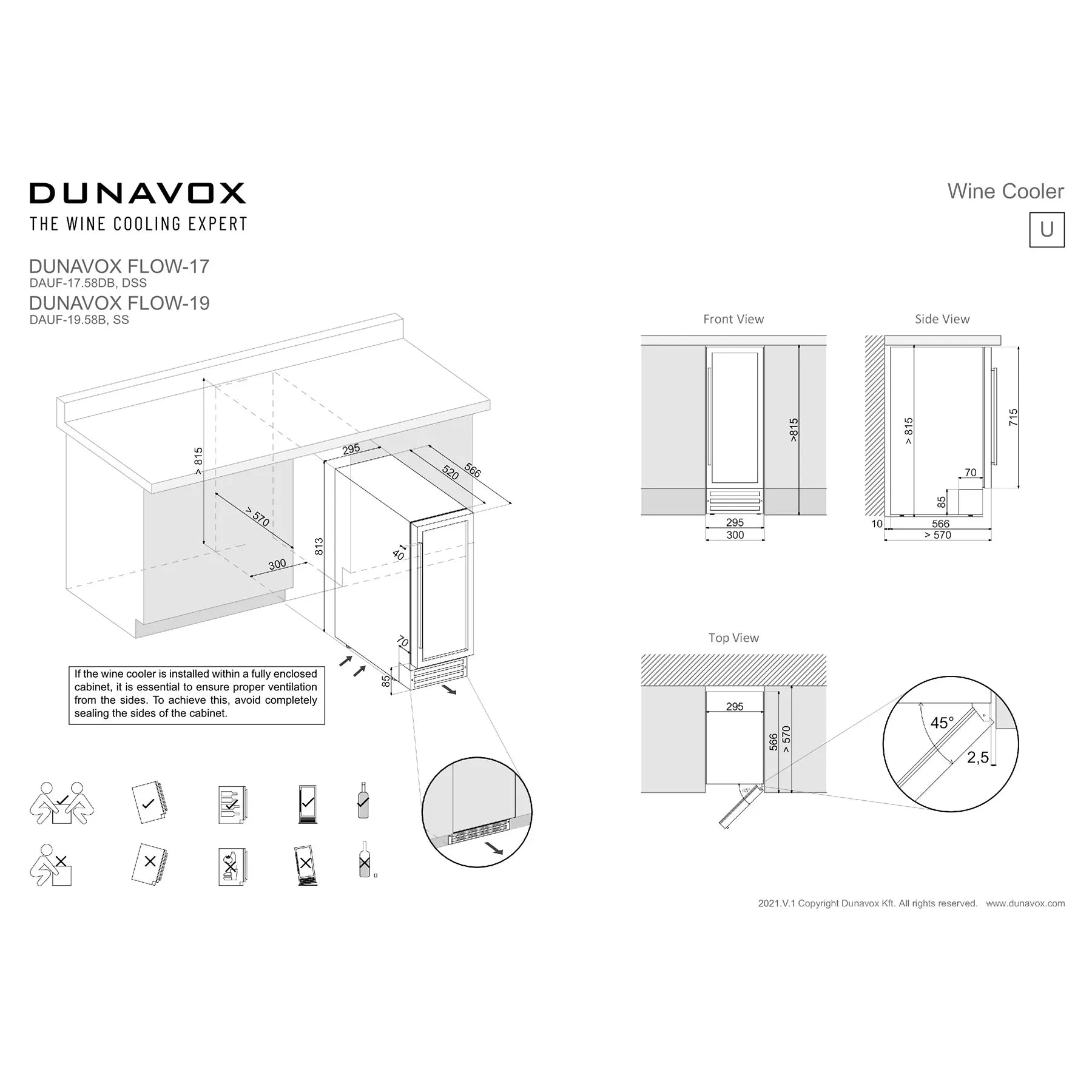 Dunavox Flow-19 Black Einbau-Maßzeichnung mit Frontansicht, Seitenansicht und Draufsicht sowie Installationszubehör