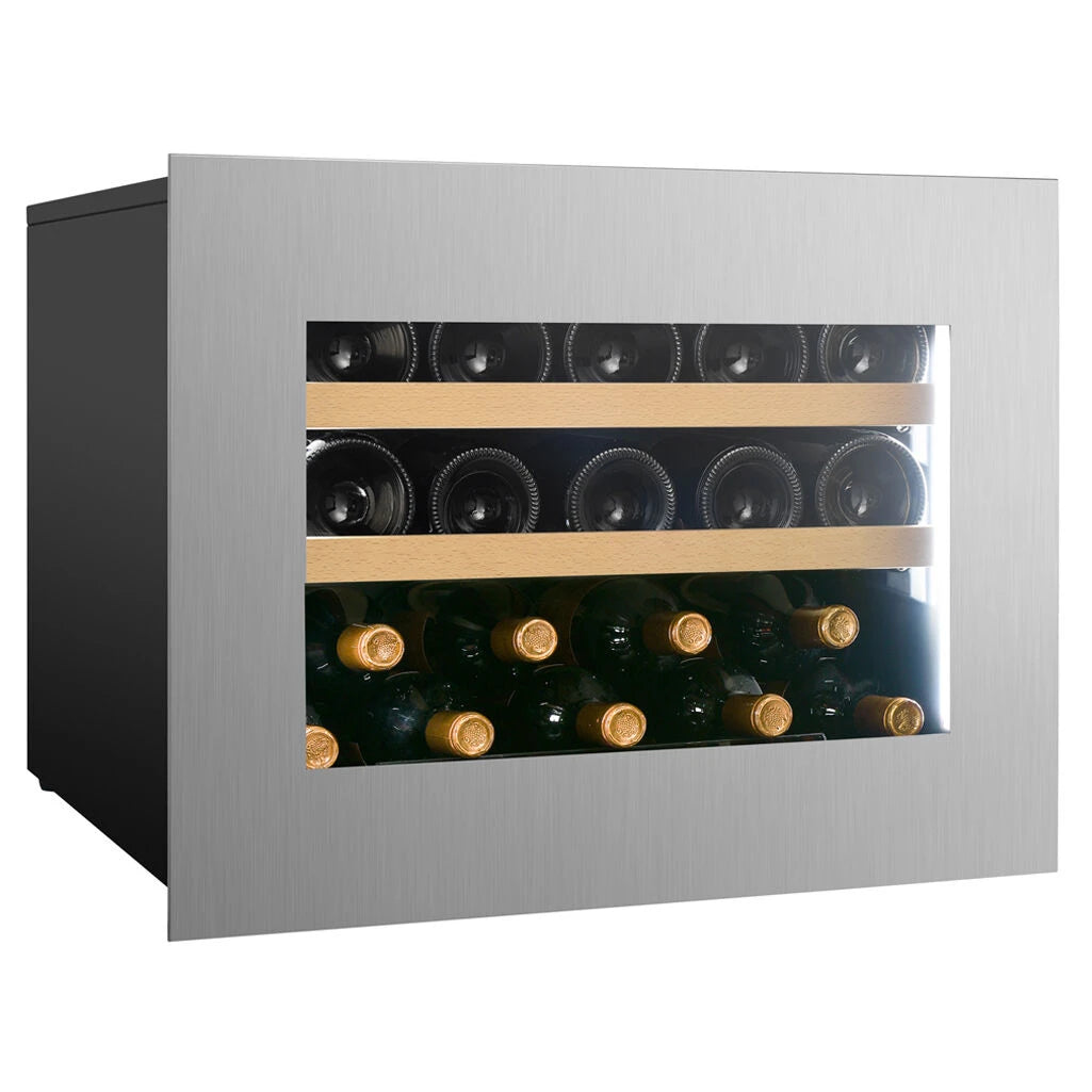 Dunavox Horizon-19 Stainless Einbau-Weinkühlschrank mit Edelstahlfront, Glastür und liegenden Weinflaschen auf Holzregalen