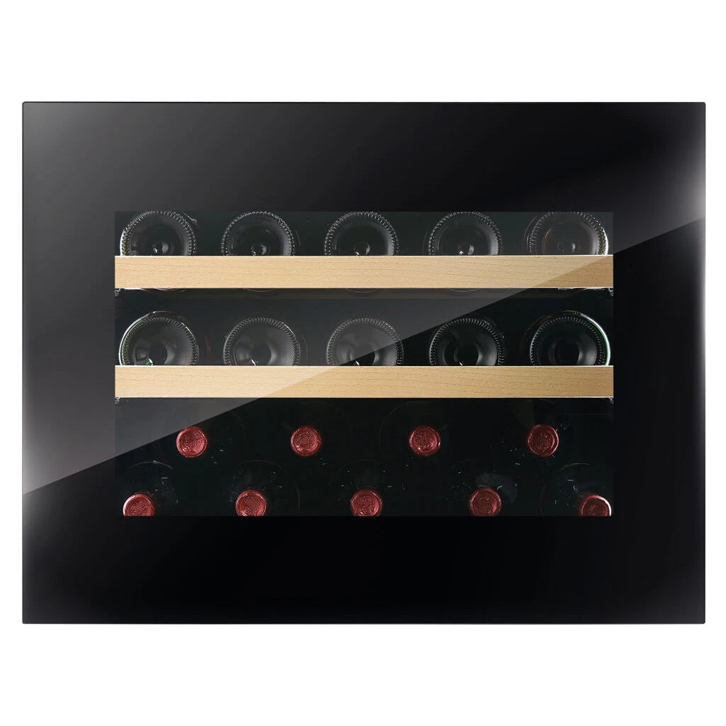 Dunavox Horizon-19 Black Weinkühlschrank Innenansicht, zwei Holzregale mit liegenden Weinflaschen, schwarzes Gehäuse