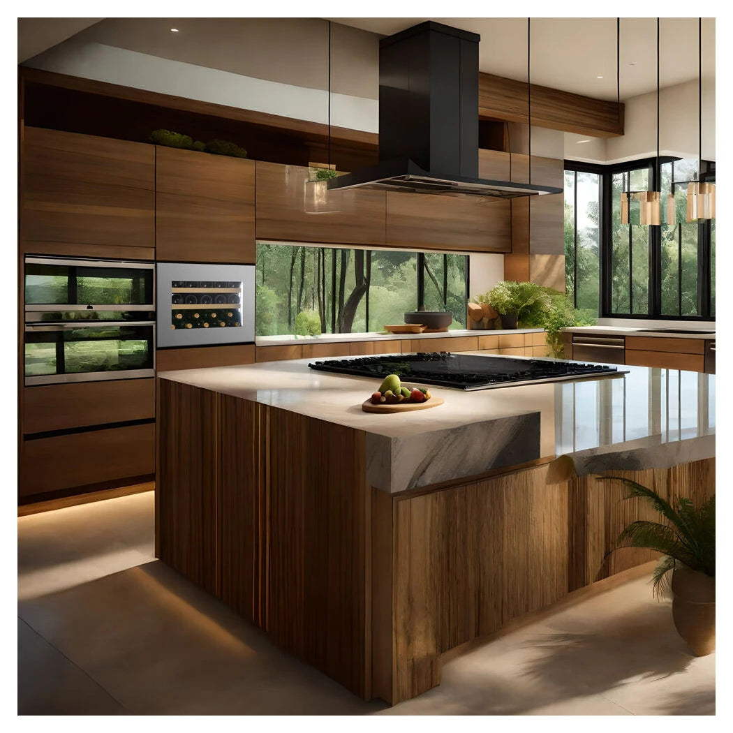 Dunavox Horizon-19 Stainless Weinkühlschrank eingebaut in dunkler Holzküche mit Kochinsel und Natursteinarbeitsplatte
