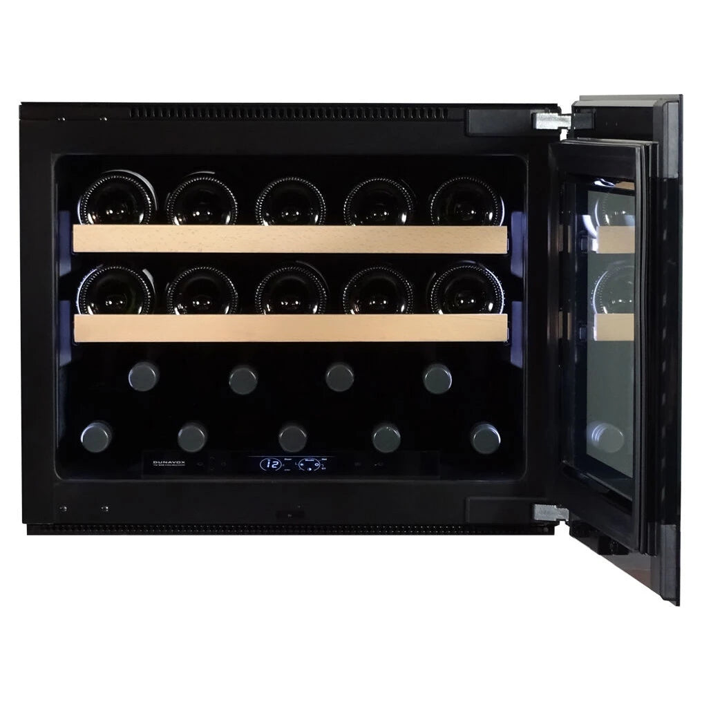 Dunavox Horizon-19 Weinkühlschrank mit offener Glastür, Holzregale mit liegenden Flaschen und LED-Innenbeleuchtung