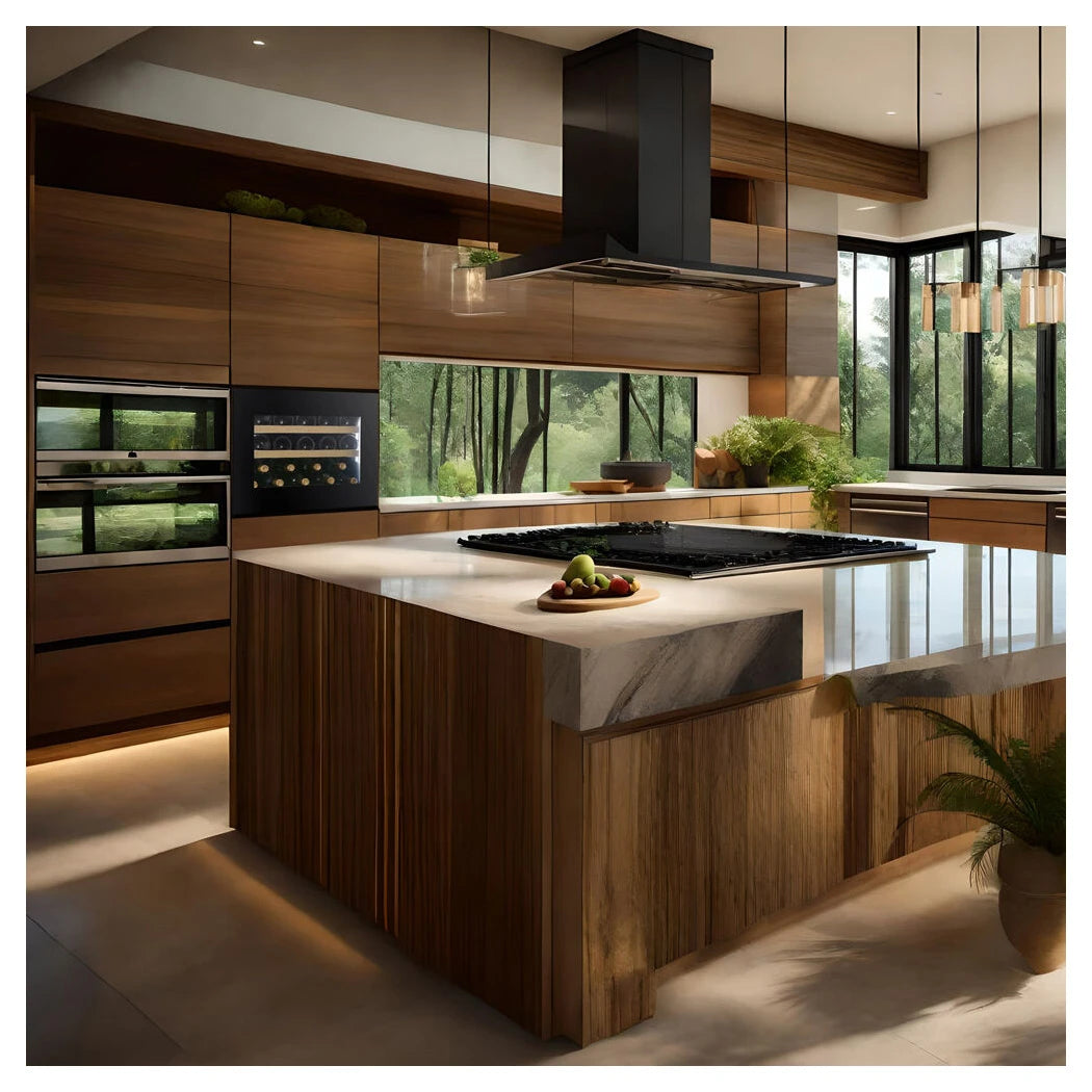 Dunavox Horizon-19 Black Unterbau-Weinkühlschrank integriert in moderner Holzküche mit Kücheninsel und Pendelleuchten