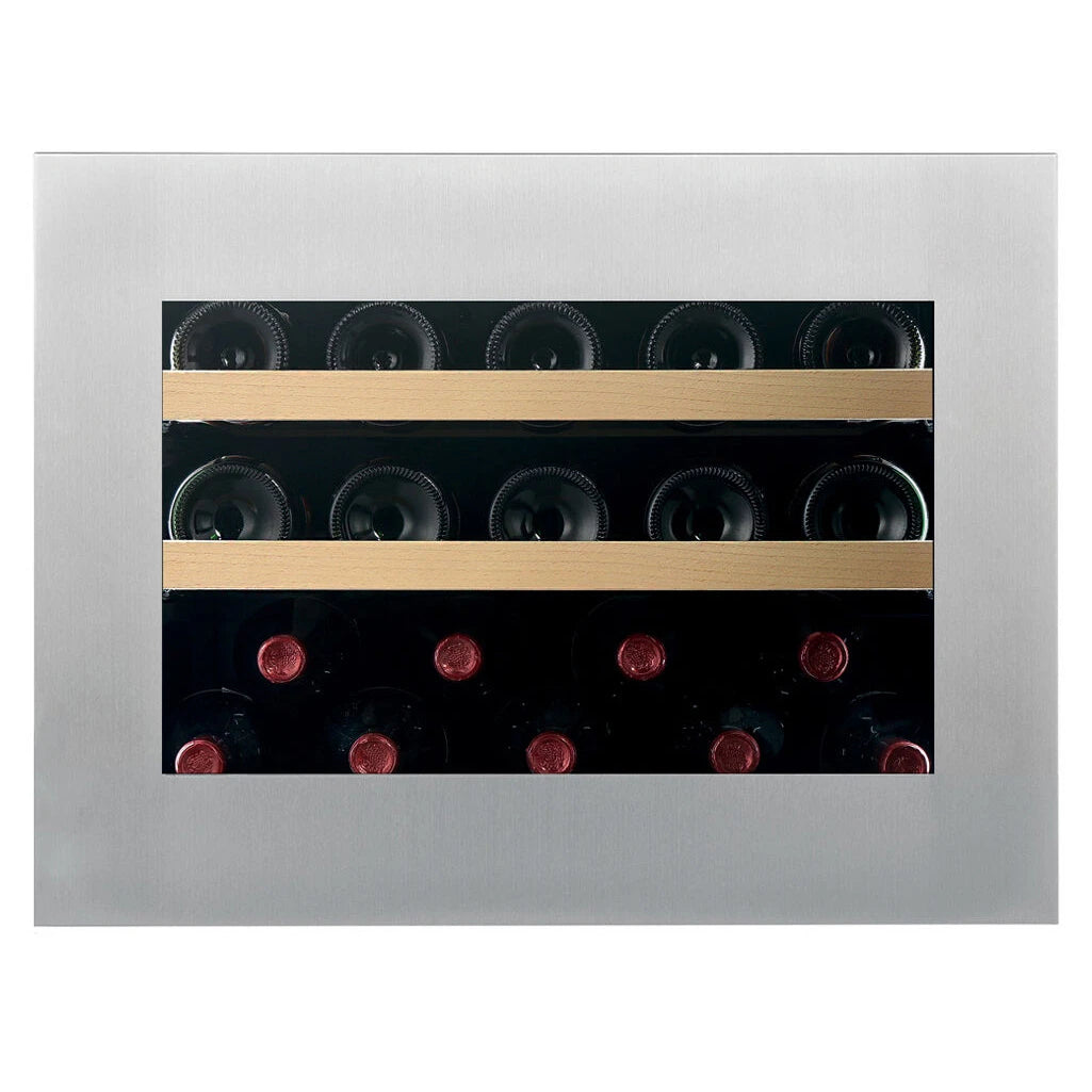 Dunavox Horizon-19 Stainless Weinkühlschrank Innenansicht, Edelstahlrahmen mit Holzregalen und liegenden Weinflaschen