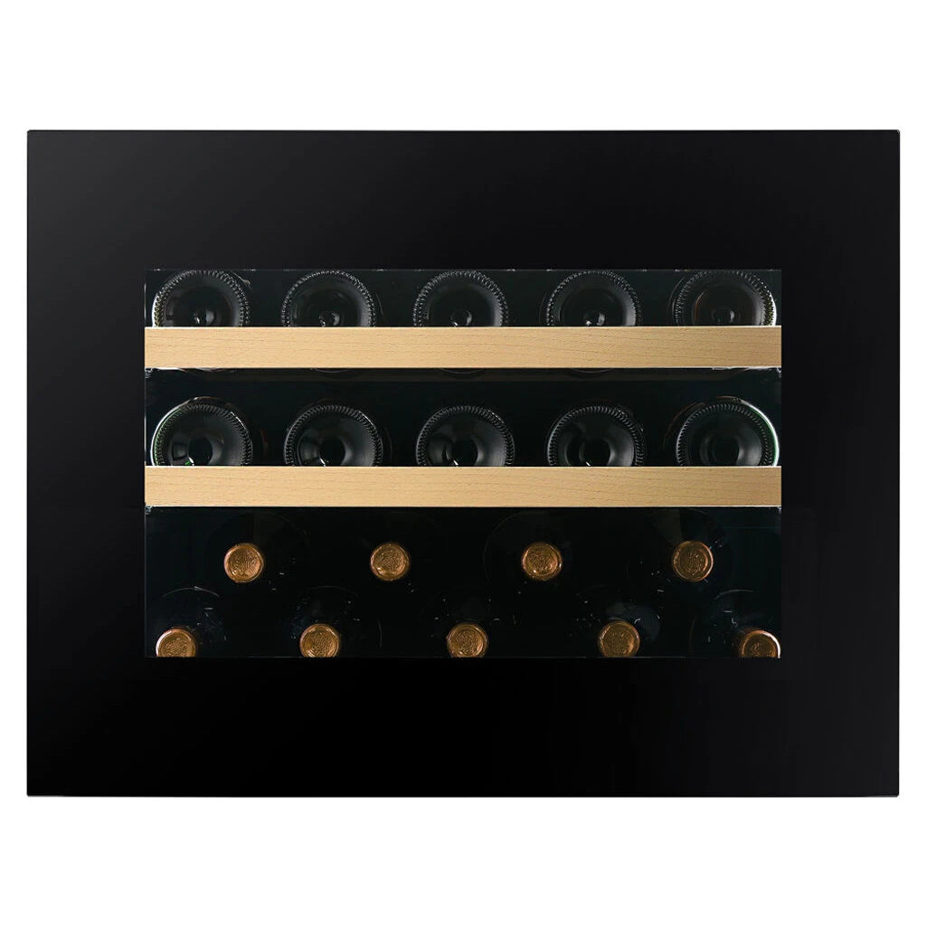 Dunavox Noble-19 Weinkühlschrank, Innenansicht mit Holzregalen und liegenden Weinflaschen auf schwarzem Hintergrund