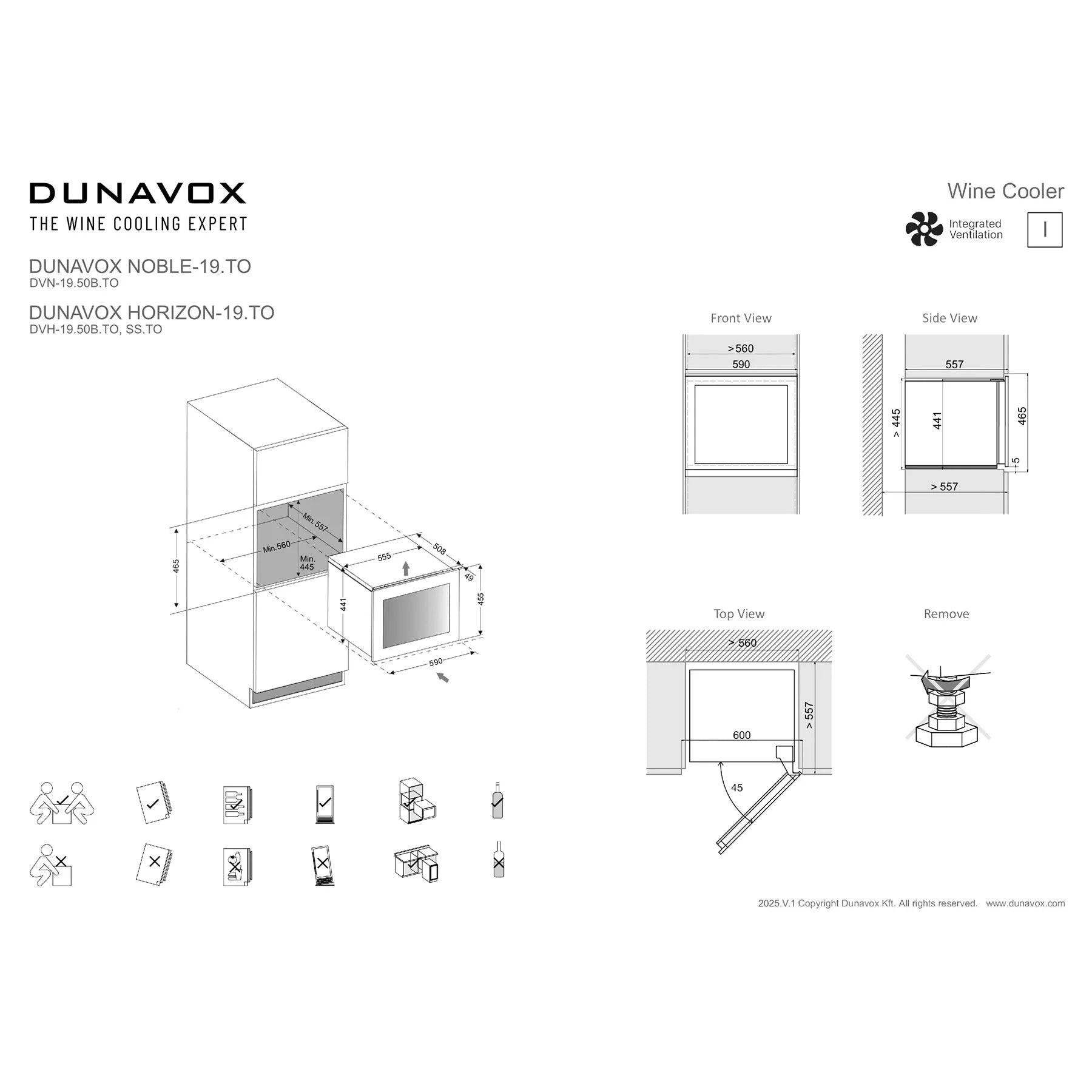 Dunavox Noble-19 Weinkühlschrank Technisches Datenblatt mit Maßzeichnungen, Einbauansichten und Installationssymbolen