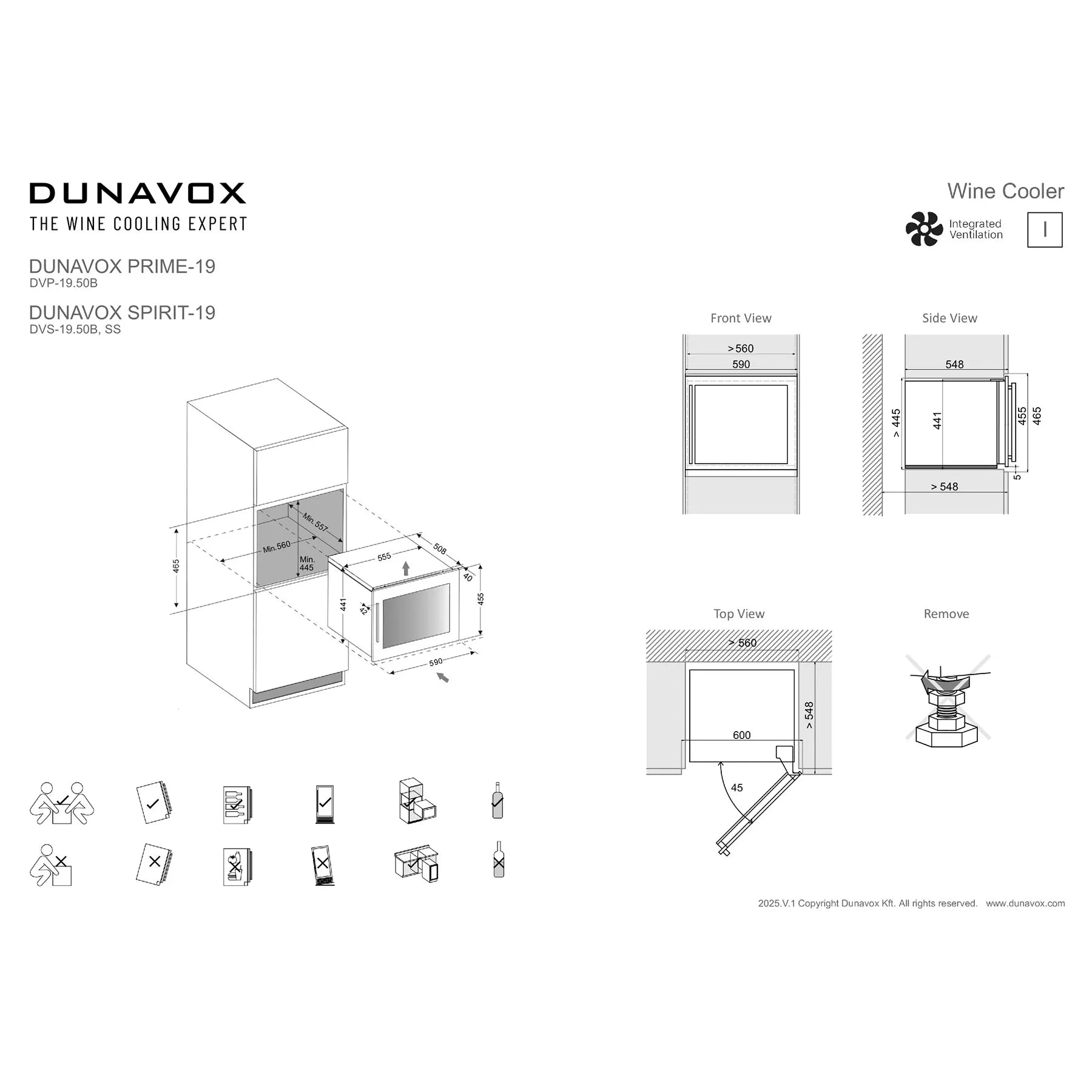 Technisches Datenblatt Dunavox Prime-19 Weinkühlschrank mit Maßzeichnungen, Einbauansichten und Installationssymbolen