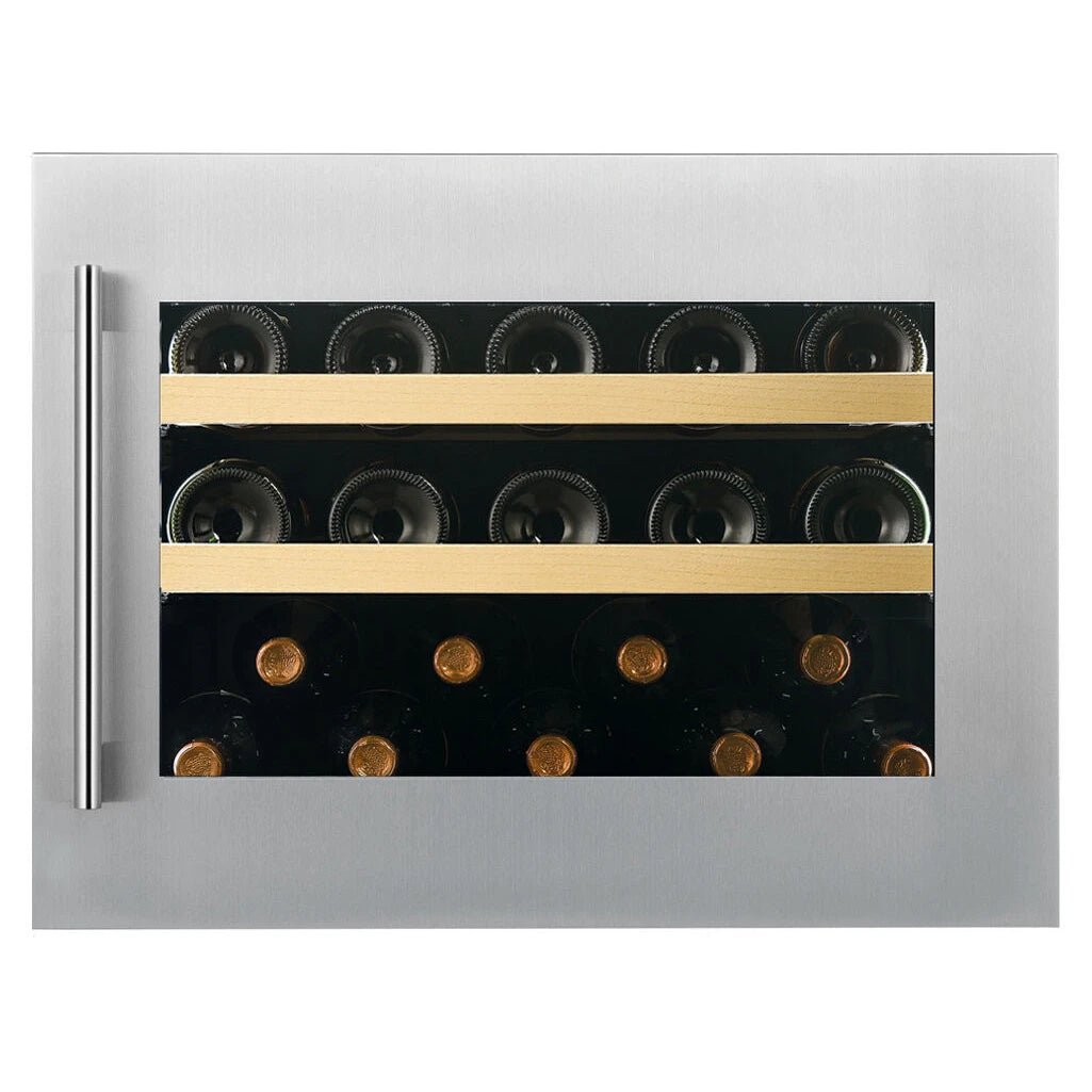 Dunavox Spirit-19 Stainless Weinkühlschrank, Frontansicht mit Edelstahlrahmen, Holzregalen und Weinflaschen mit Goldkapseln