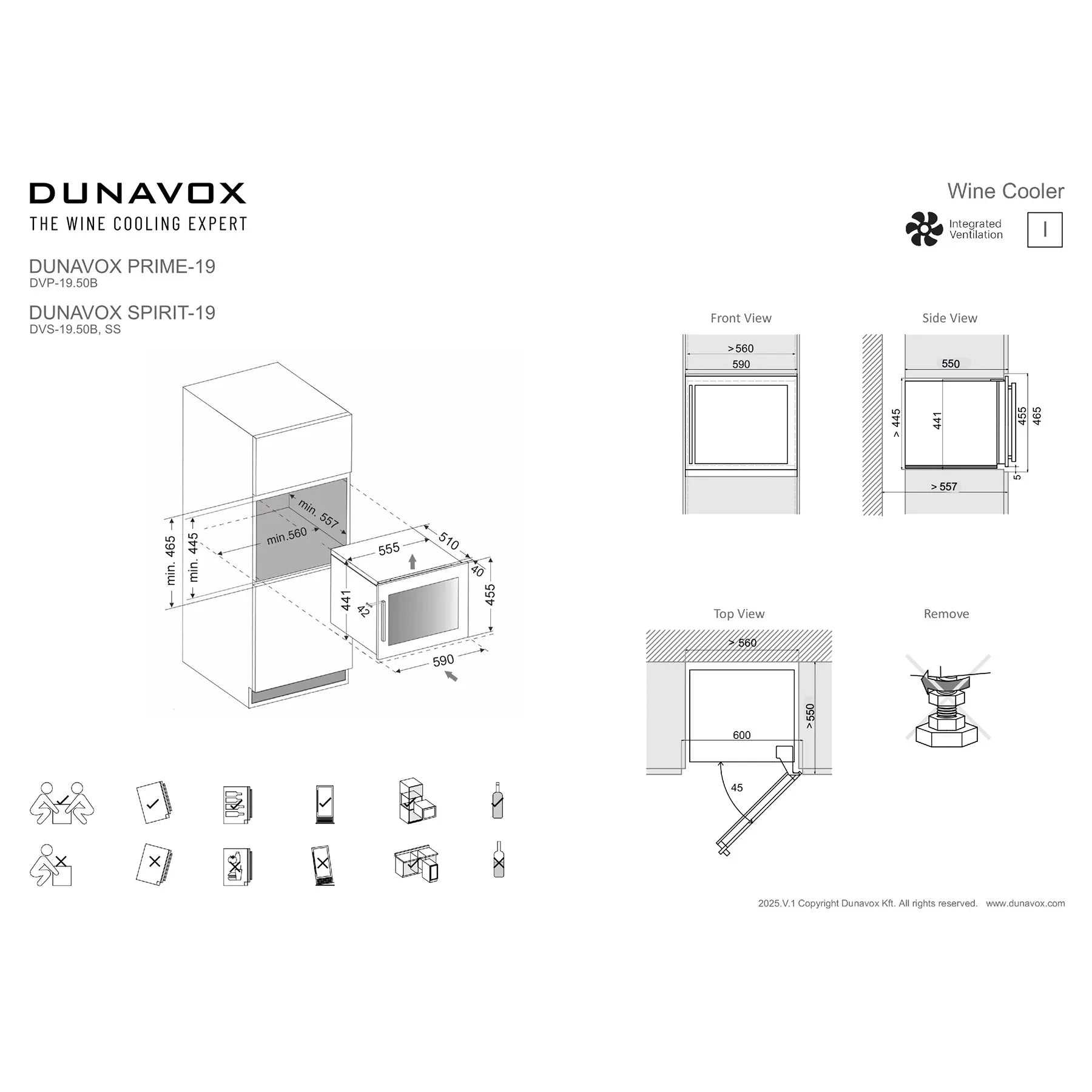 Technisches Datenblatt Dunavox Spirit-19 Weinkühlschrank mit Maßzeichnungen, Einbauansichten und Installationssymbolen