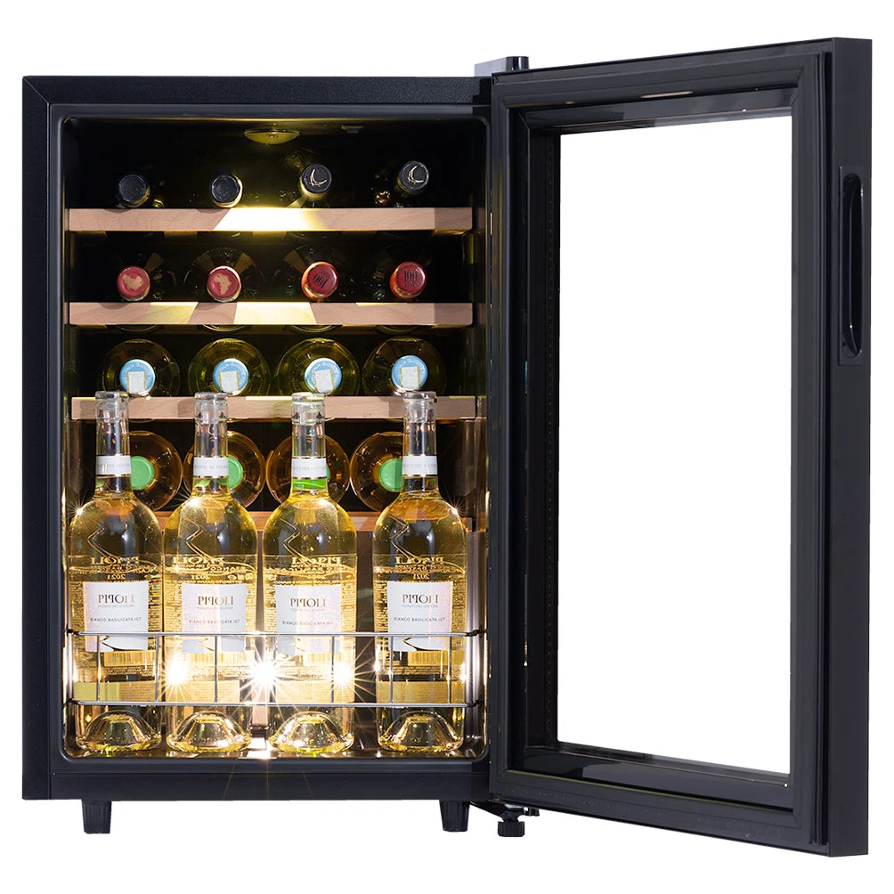 Dunavox Home-20 Weinkühlschrank mit weit geöffneter Tür, LED-Innenbeleuchtung und beladener Einzelzone mit Weißweinflaschen