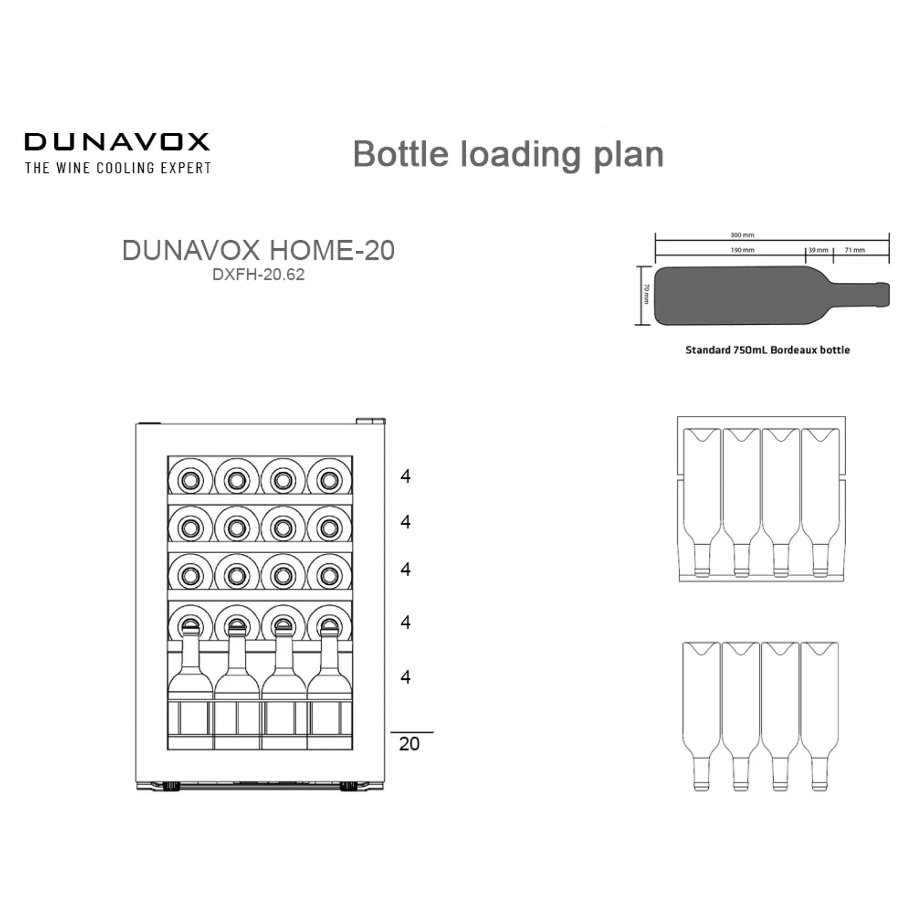 Dunavox Home-20 Beladungsplan DXFH-20.62 mit Regalaufteilung für 20 Bordeaux-Flaschen, je 4 Flaschen pro Ebene
