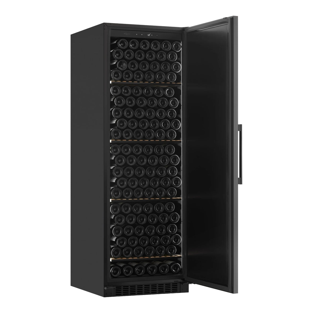 Weinklimaschrank mQuvée WineStore 226 Solid Black geöffnet mit Flaschen