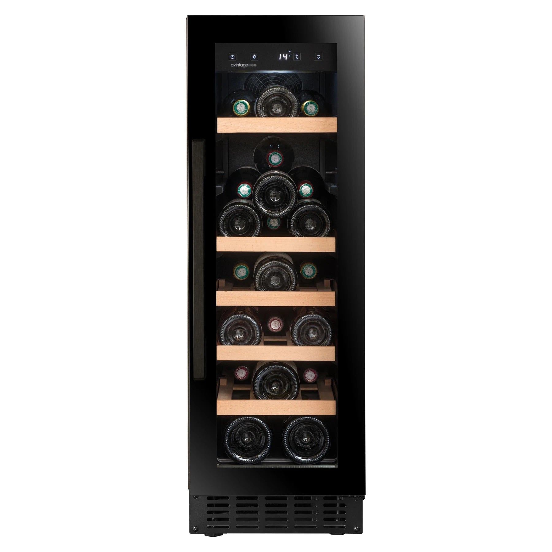Weinkühlschrank 23 Flaschen Avintage AVU30SHD mit schwarzer Glastür, digitalem Display und fünf Holzablagen, bestückt mit liegenden Weinflaschen.