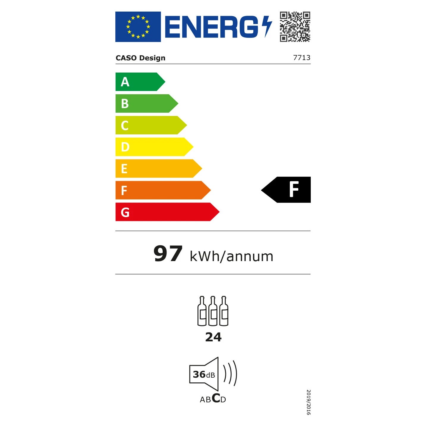 Energielabel Einbau-Weinkühlschrank CASO Design WineDeluxe WD 24, Energieeffizienzklasse F