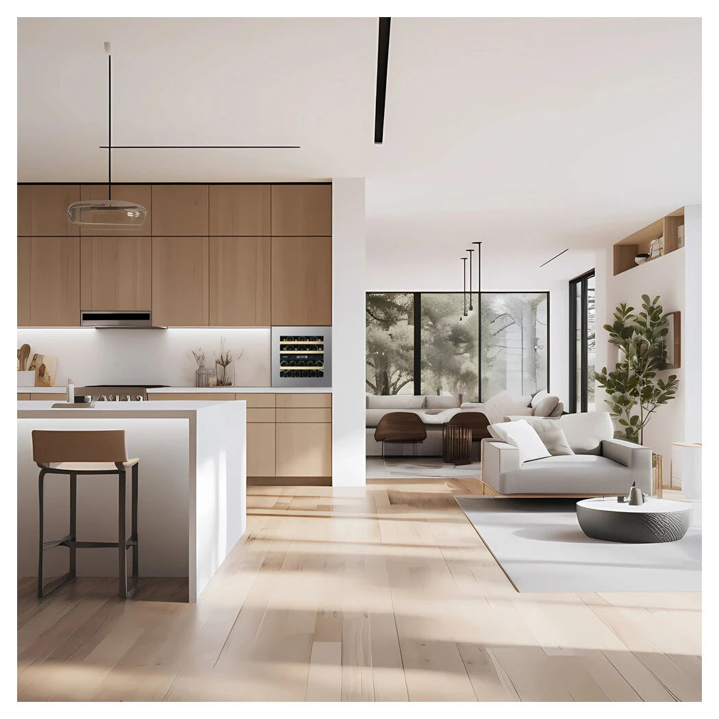 Dunavox Horizon-25 Stainless Weinkühlschrank als Unterbau eingebaut in moderner heller Küche mit Holzfronten und Kochinsel