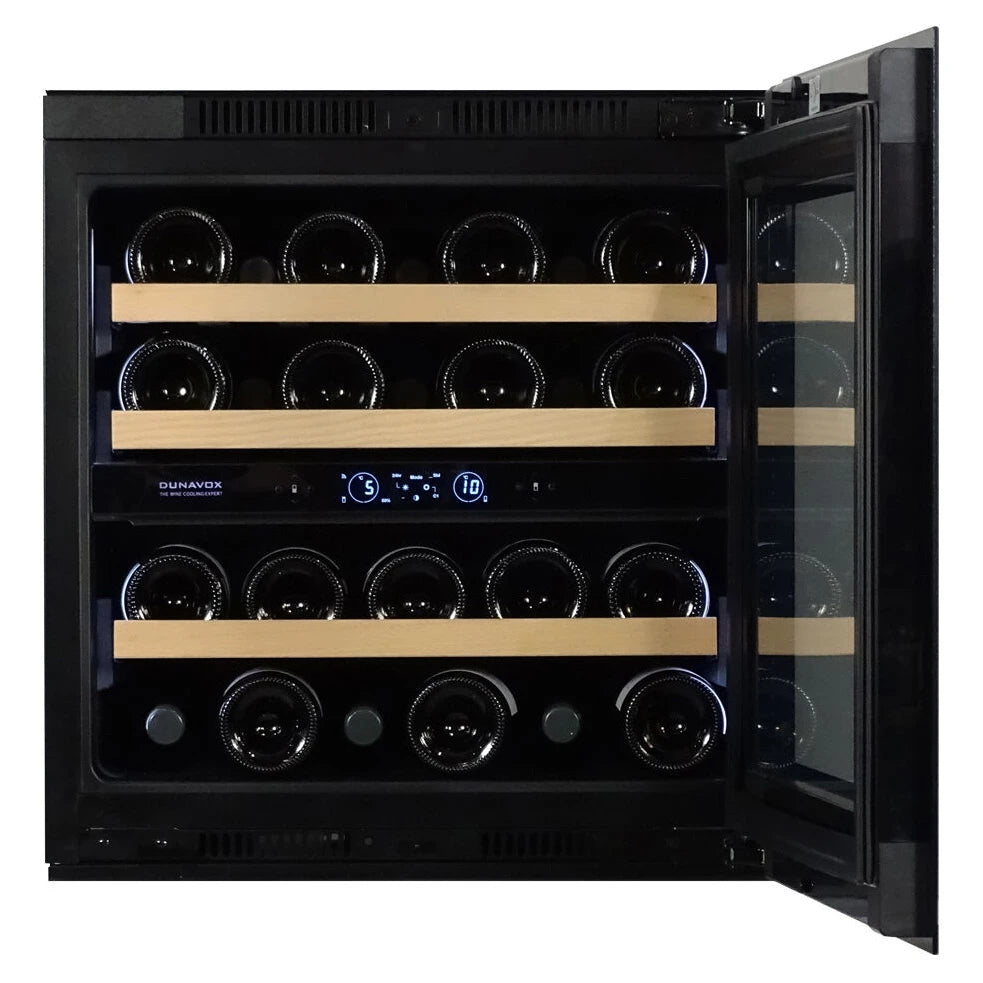 Dunavox Horizon-25 Black, vollintegrierter Unterbau-Weinkühlschrank mit Holzregalen, Weinflaschen und digitalem Regler