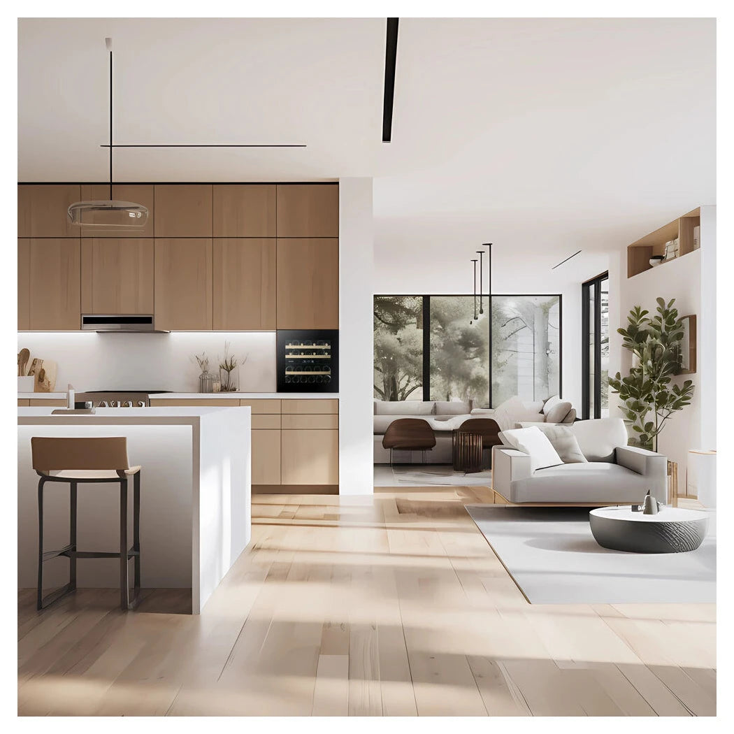 Dunavox Horizon-25 Black Weinkühlschrank eingebaut in heller Küche mit Holzfronten, offenem Wohnbereich und Naturlicht