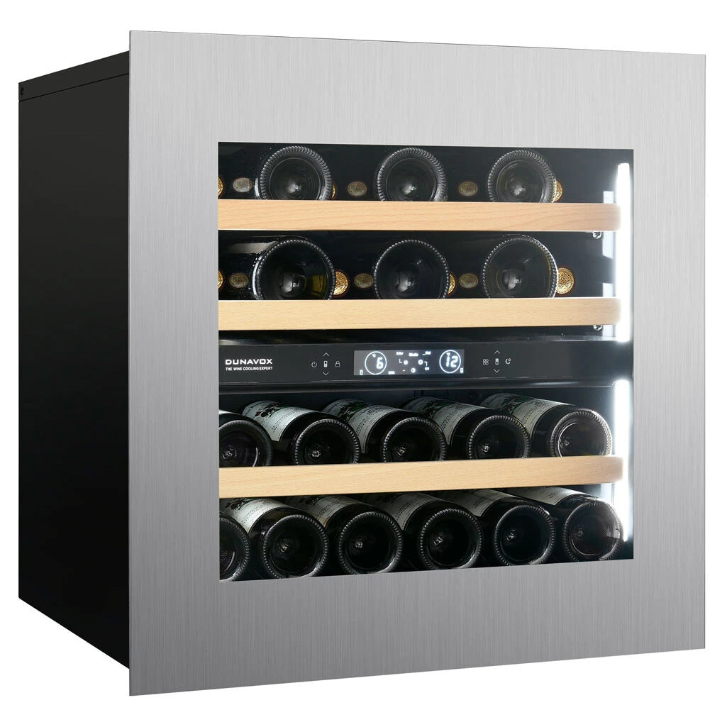 Dunavox Horizon-25 Stainless Weinkühlschrank Frontansicht, Edelstahlrahmen mit Glastür, zwei Zonen und Holzregale sichtbar