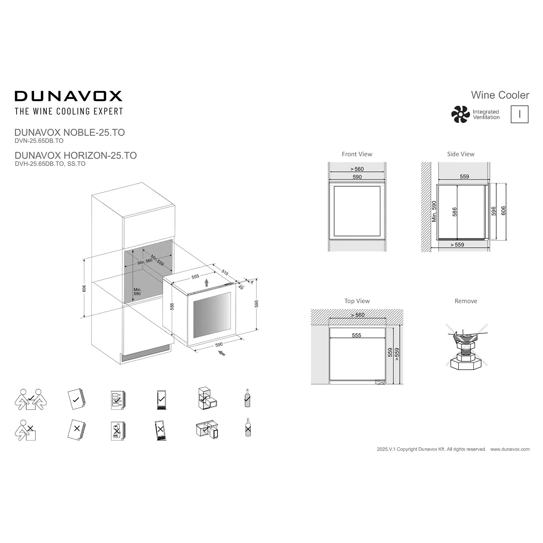 Dunavox Noble-25 Weinkühlschrank Technisches Datenblatt mit Maßzeichnungen, Einbauansichten und Installationssymbolen